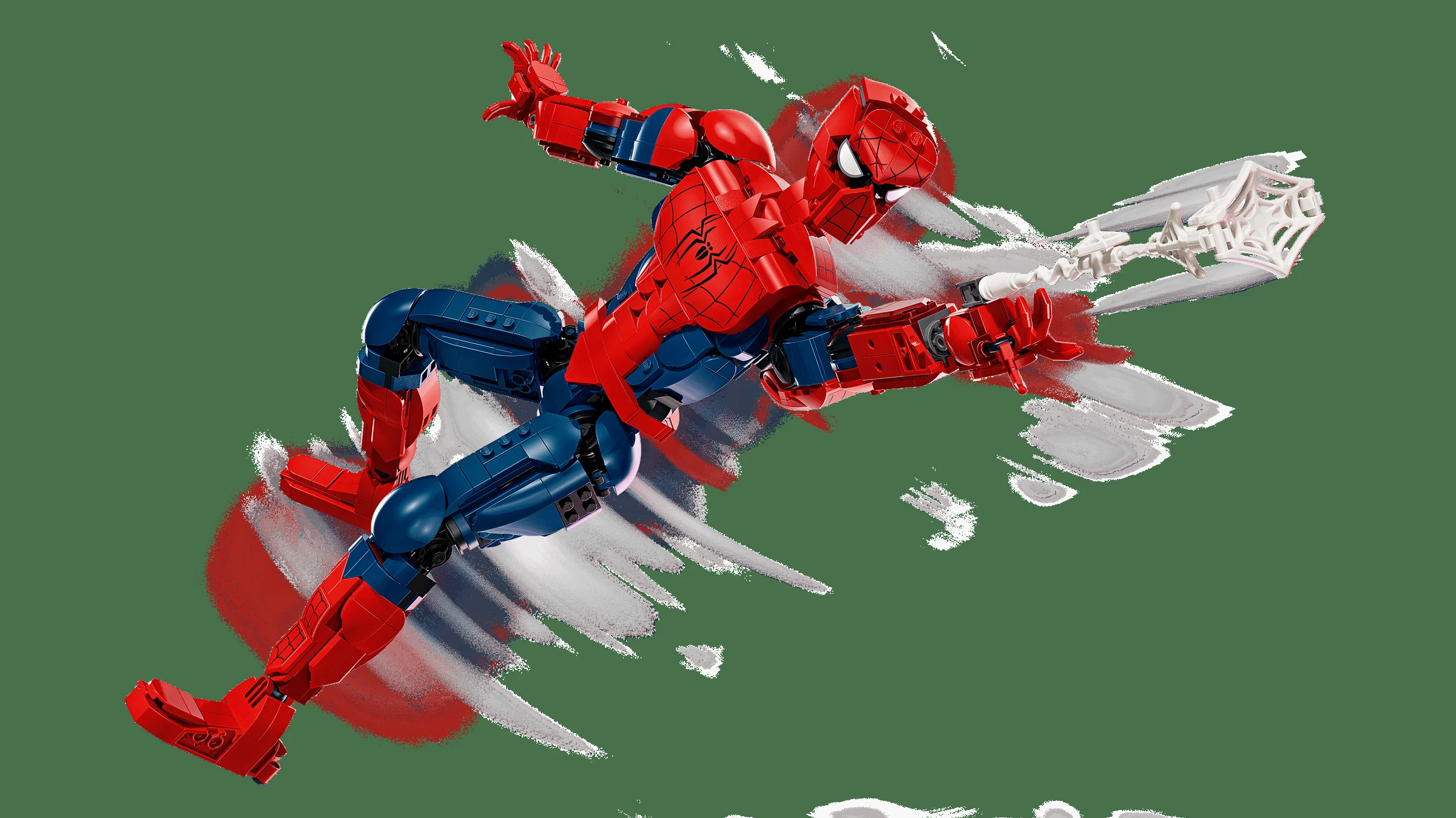 Spiderman LEGO, figurină roșie și albastră în acțiune, lansând pânză. Detalii precise, aspect dinamic.