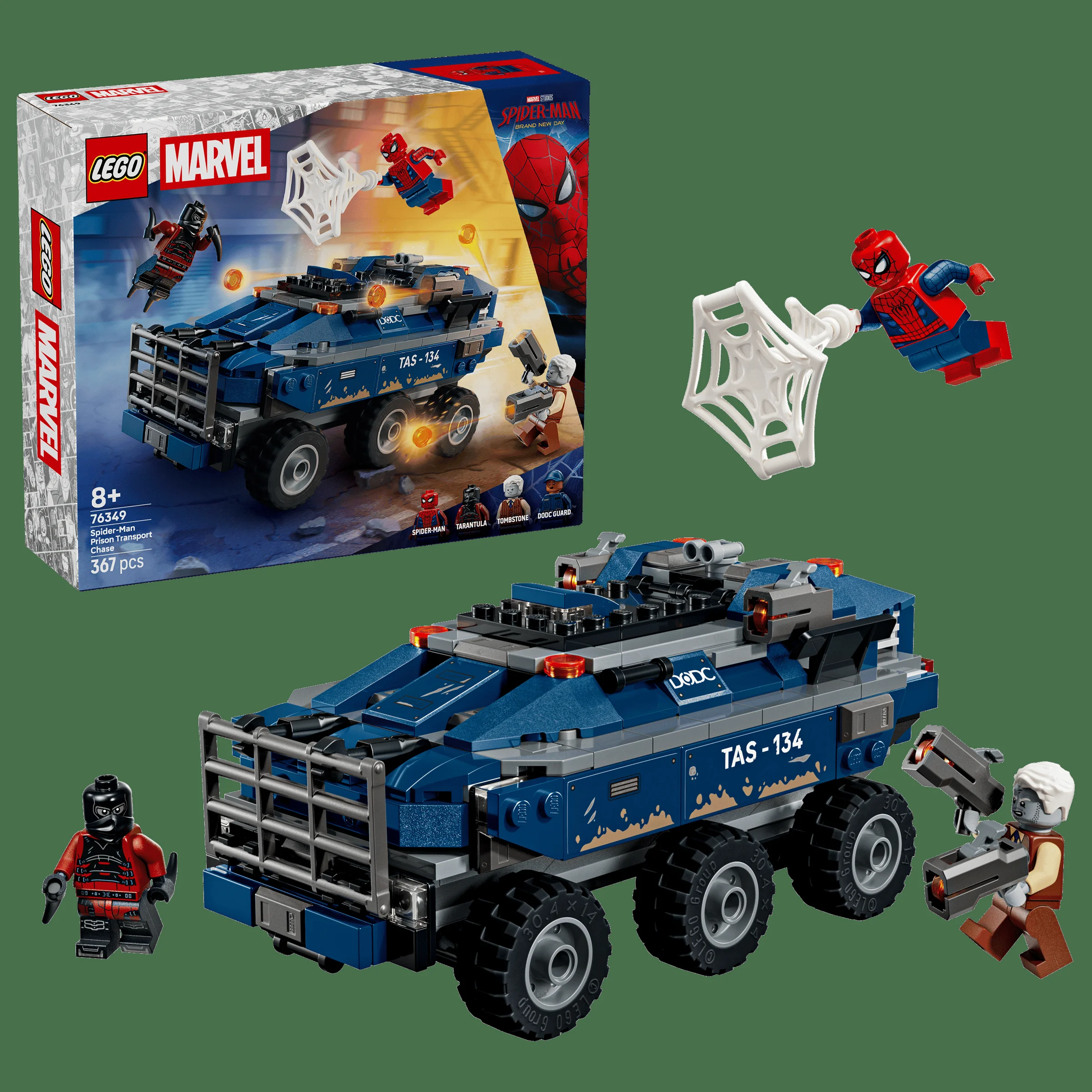 Imagine cu setul LEGO 76349, „Spider-Man Prison Transport Chase”, cu camionul și minifigurinele.