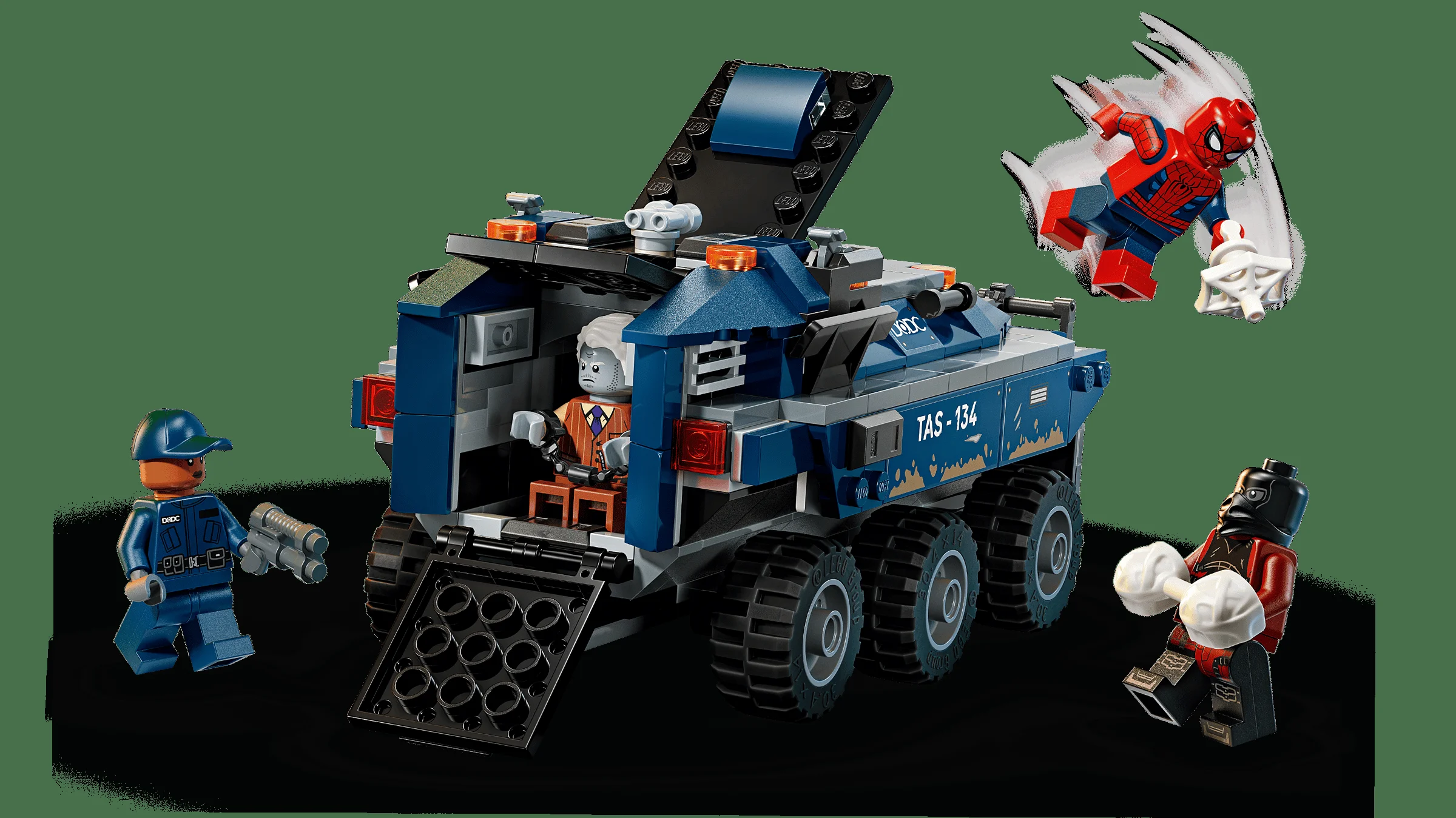 Imagine cu transportul de prizonieri Spider-Man, setul 76349. Detalii despre vehicul și minifigurine.
