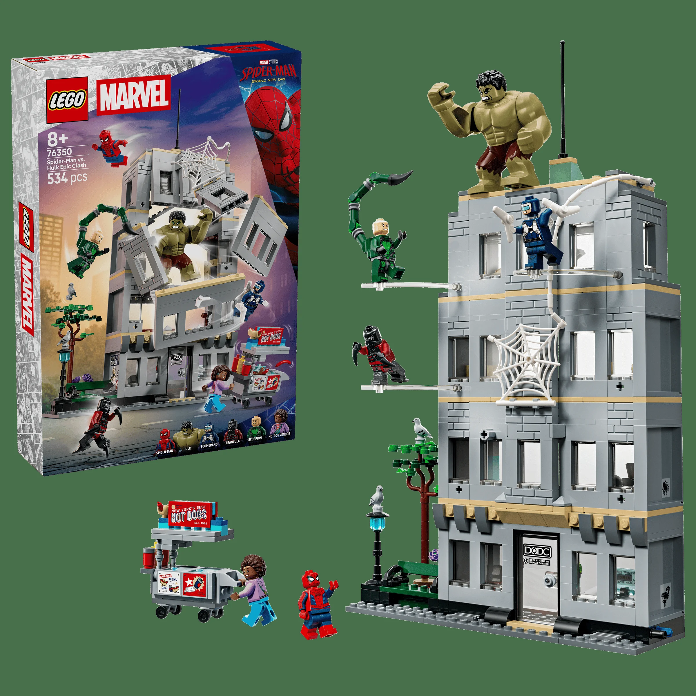 Imagine cu cutia LEGO Marvel 76350 și modelul finalizat Spiderman vs Hulk. 