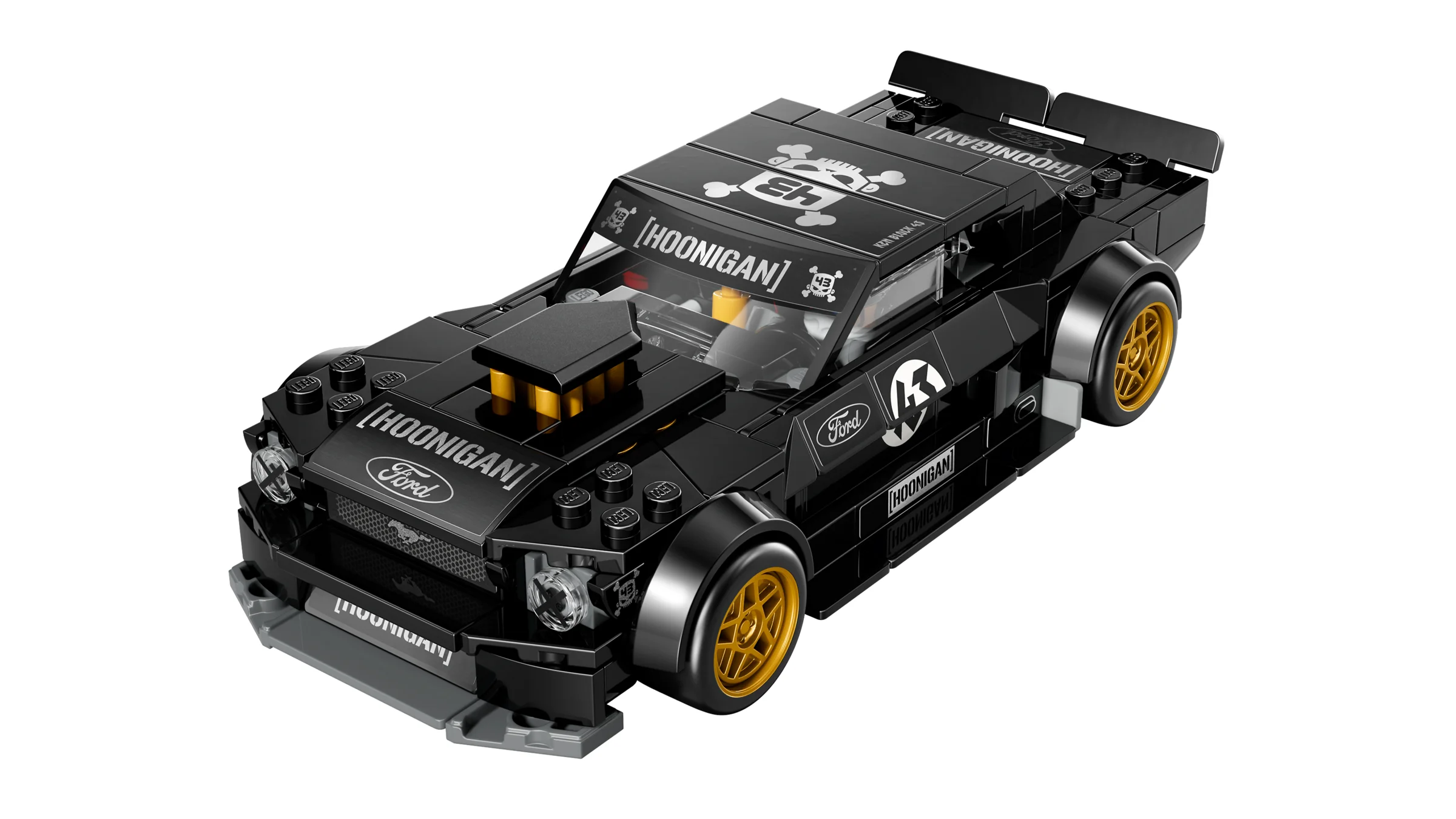 Imagine detaliată a modelului LEGO Ford Mustang Hoonicorn, finisat, prezentând designul său specific.