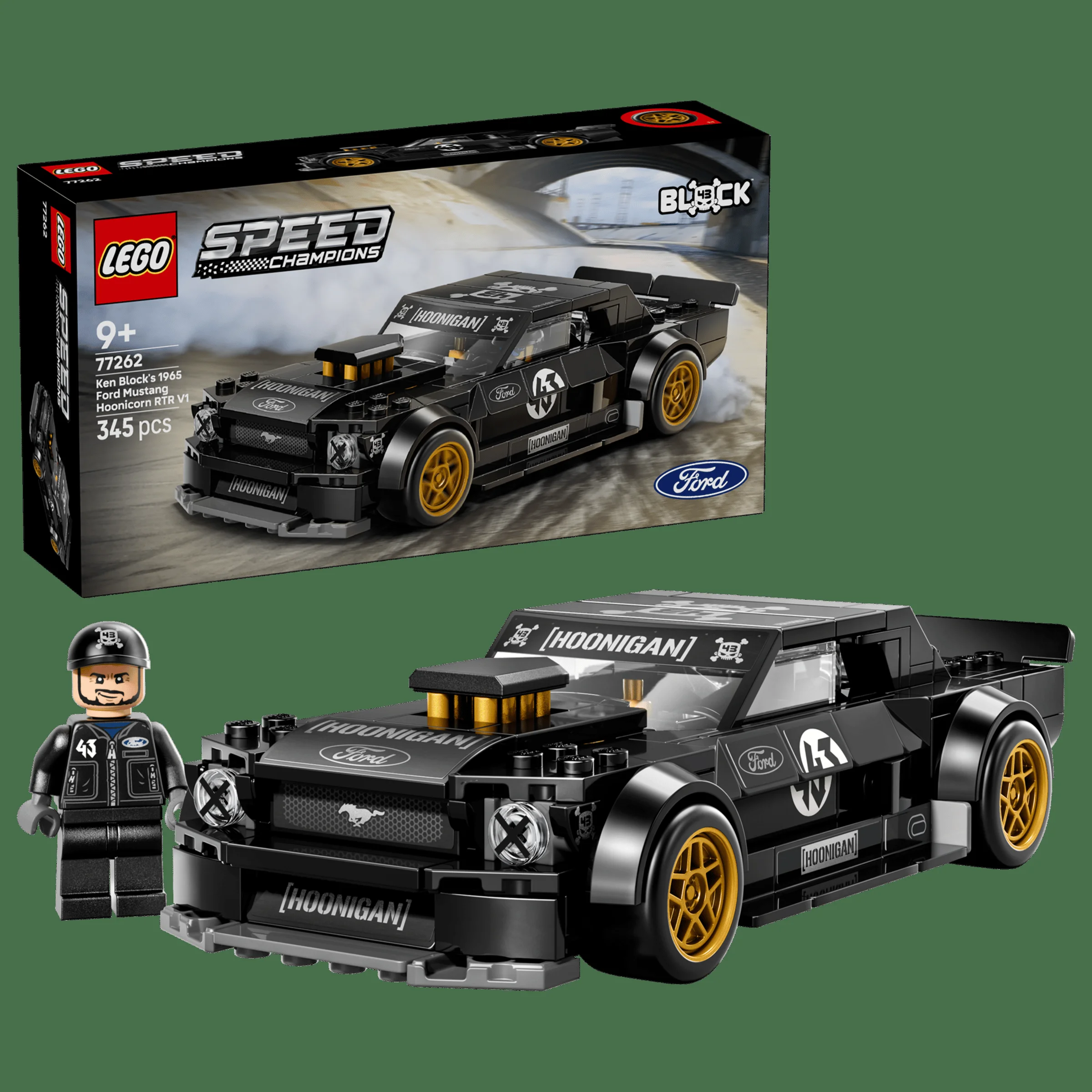 Imagine cu setul LEGO 77262, Ford Mustang Hoonicorn RTR V1, cu minifigurina lui Ken Block și cutia.
