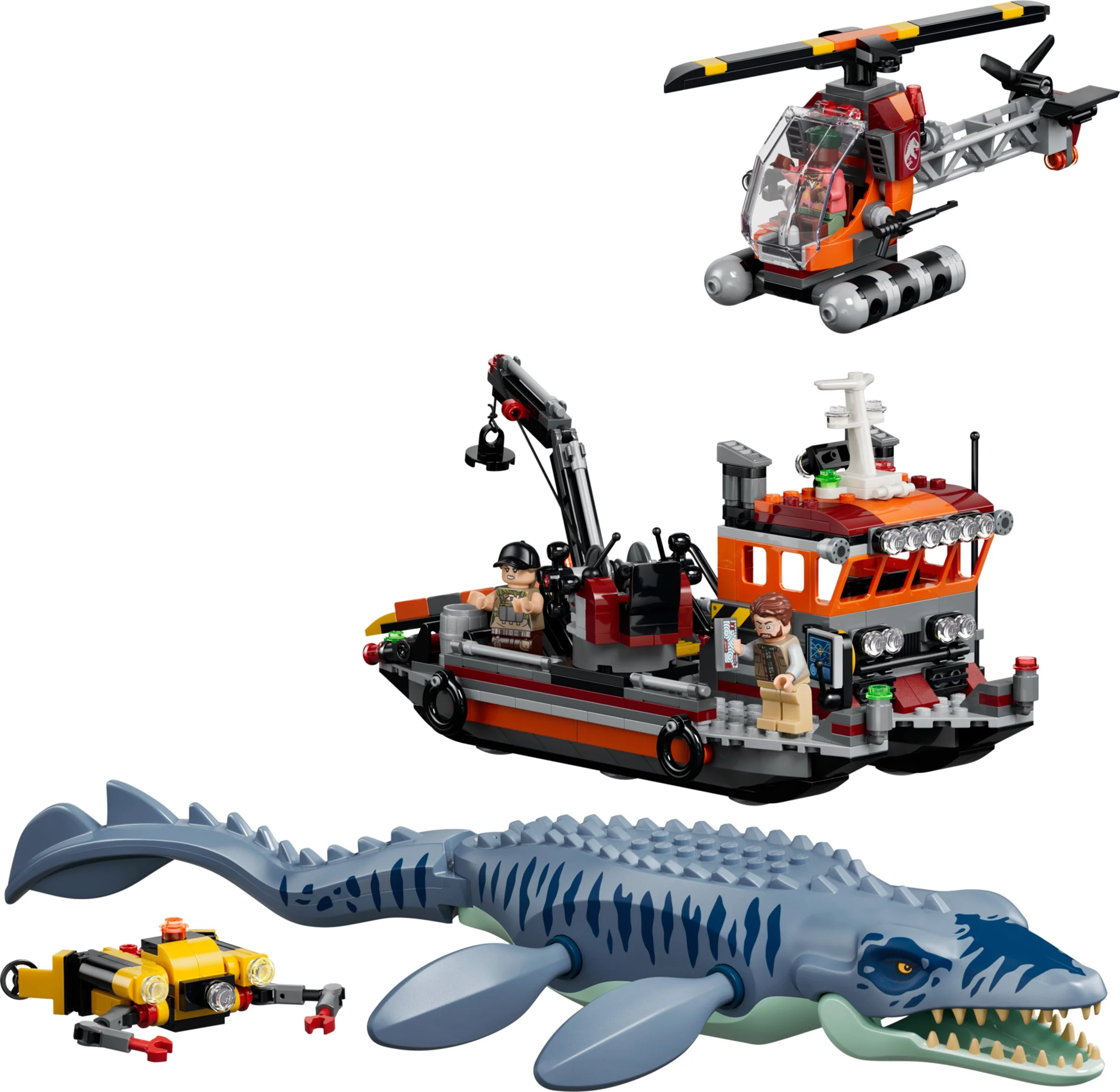 Imagine cu setul LEGO 77983, prezentând barca, elicopterul, submarinul și Mosasaurul. O aventură Jurassic World!