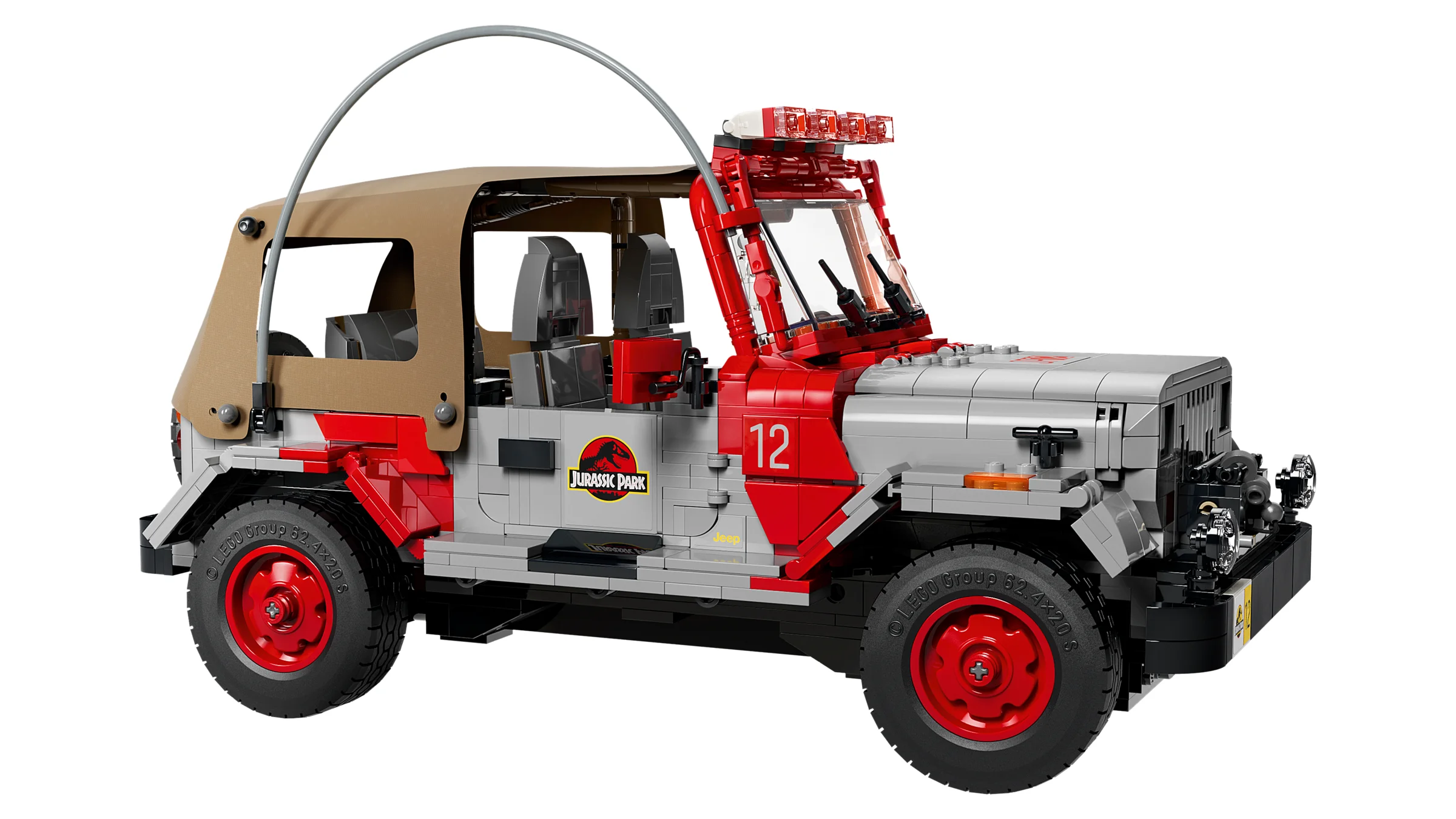 Jeep Wrangler Jurassic Park LEGO, model detaliat cu schema de culori gri și roșu. 