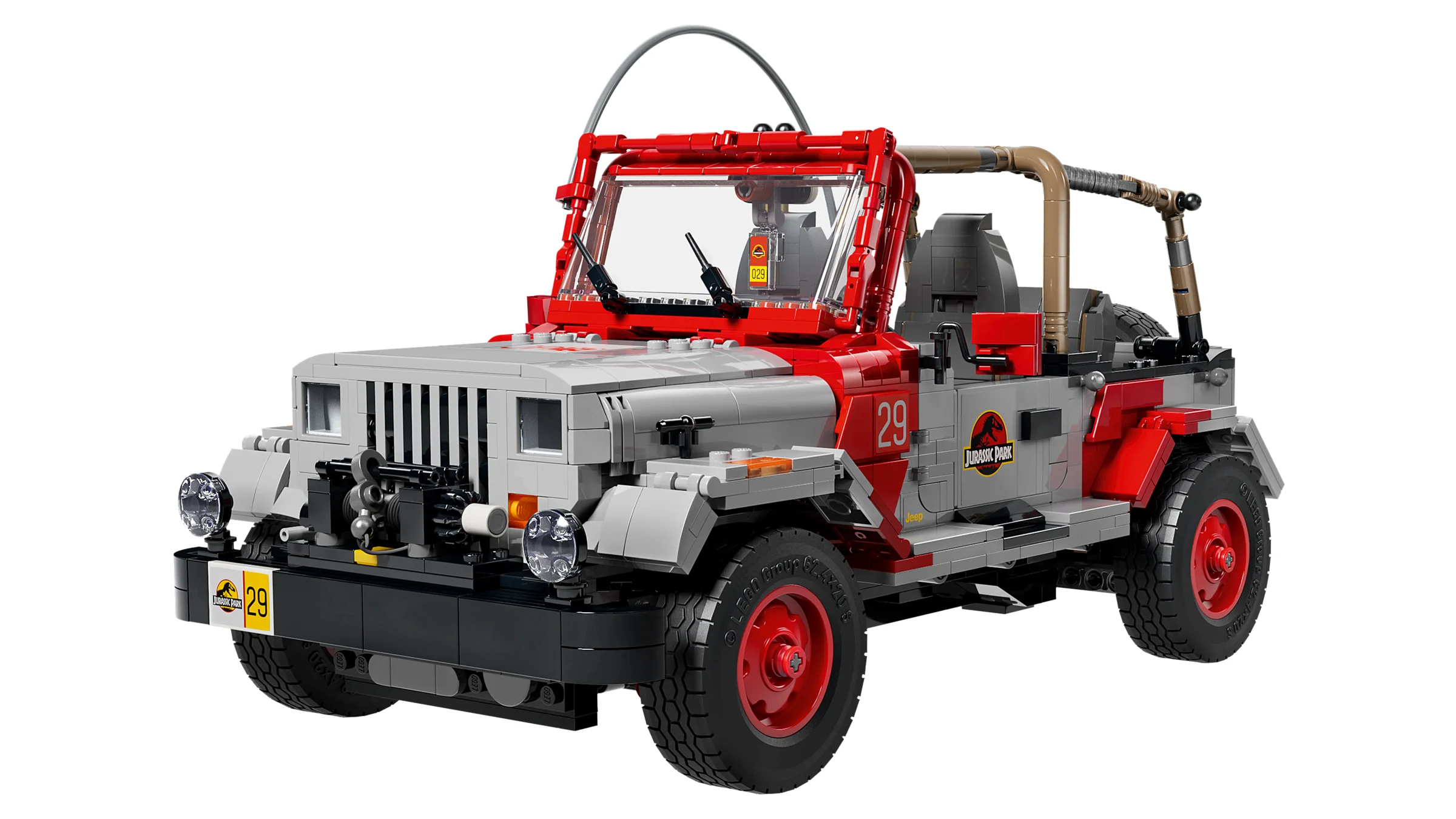 Jeep Wrangler Jurassic Park LEGO 77984, roșu și gri, detaliat. Modelul este prezentat pe fundal alb.