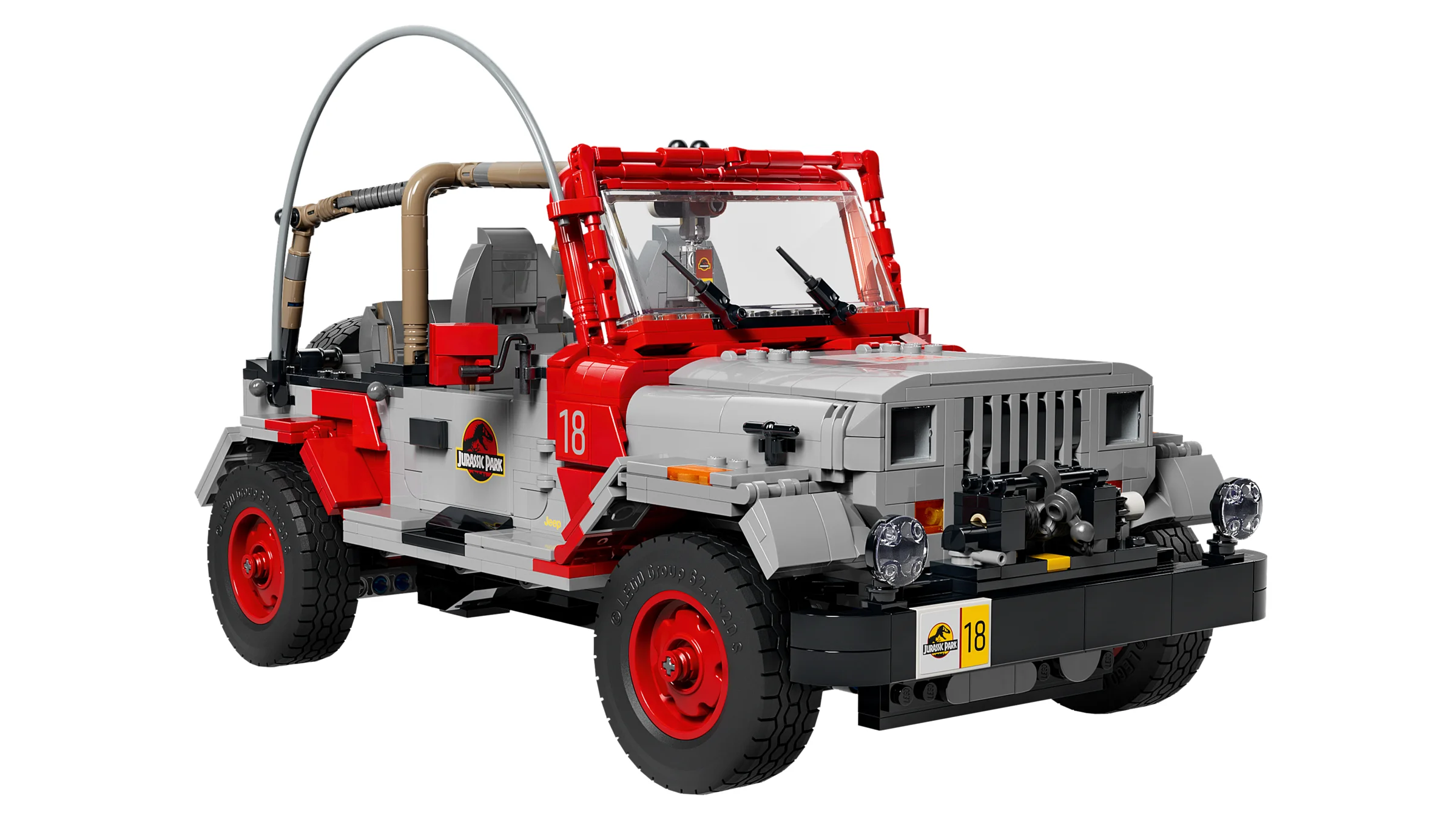 Jeep Wrangler roșu și gri Jurassic Park. Model detaliat LEGO.