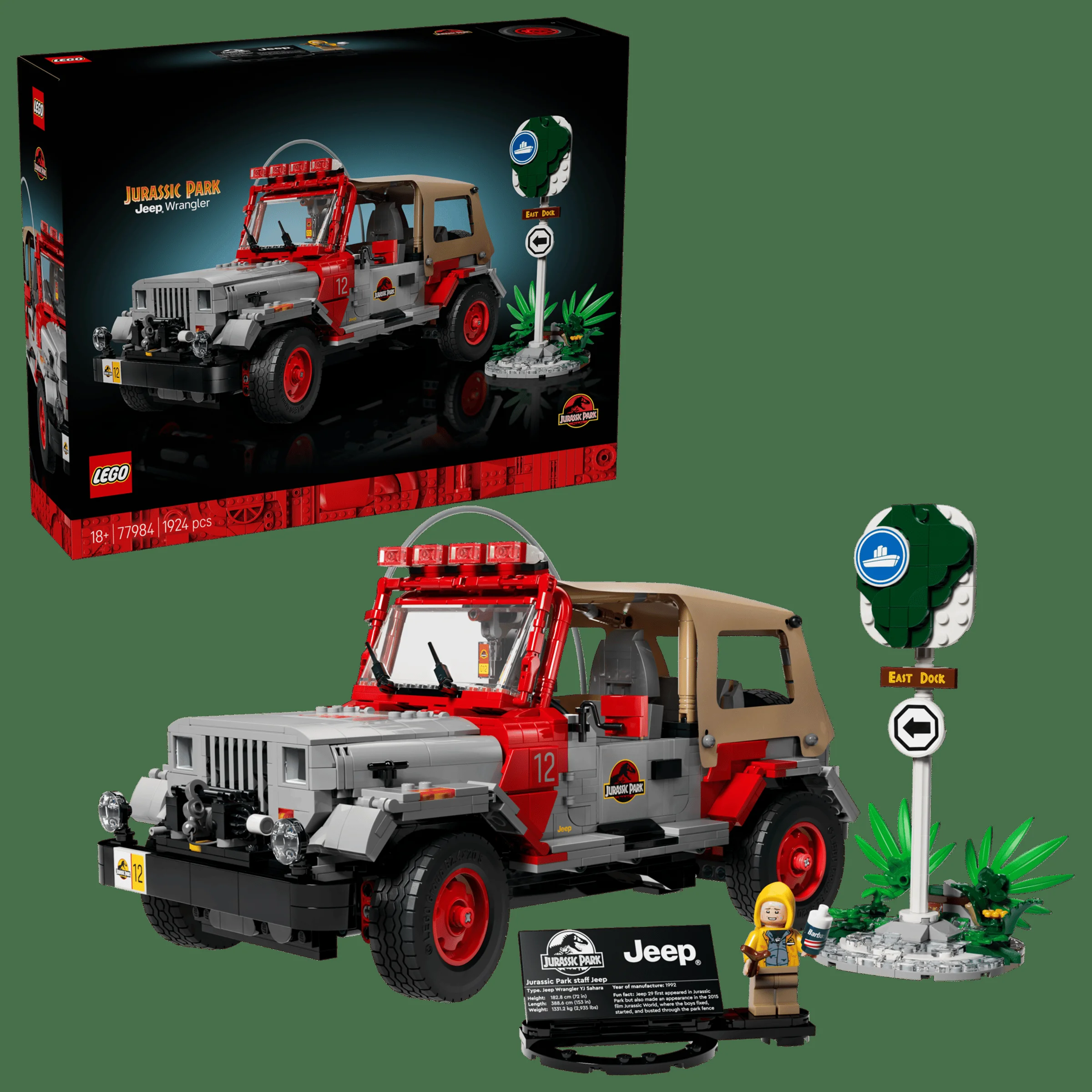 Imagine cu setul LEGO 77984 Jurassic Park Jeep Wrangler și cutia. Model detaliat și minifigurină inclusă.