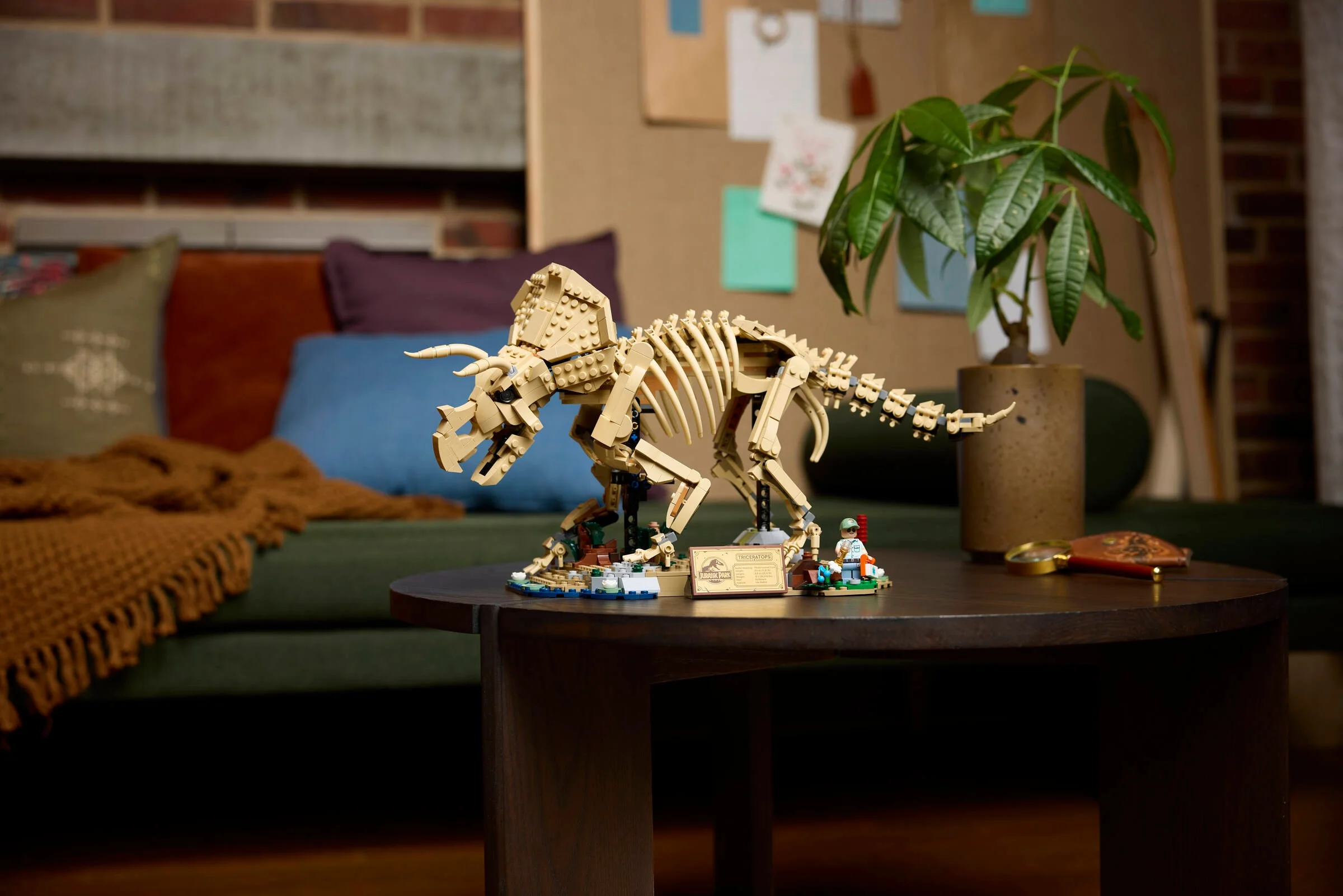 Fossilul de Triceratops LEGO pe un suport, alături de o minifigurină și o plăcuță informativă.
