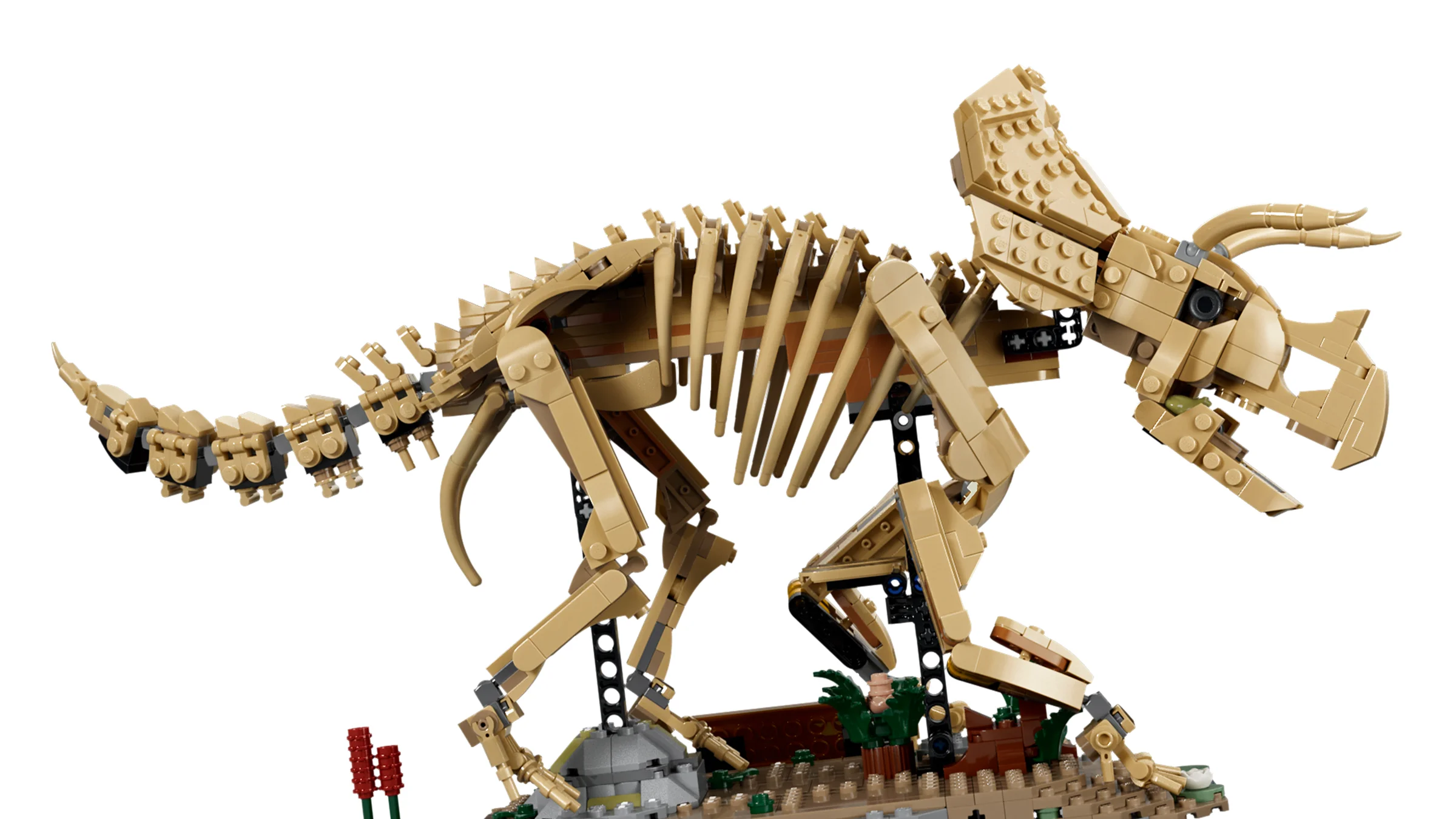 Schelet detaliat de Triceratops construit din LEGO. Perfect pentru pasionații de dinozauri și construcții.