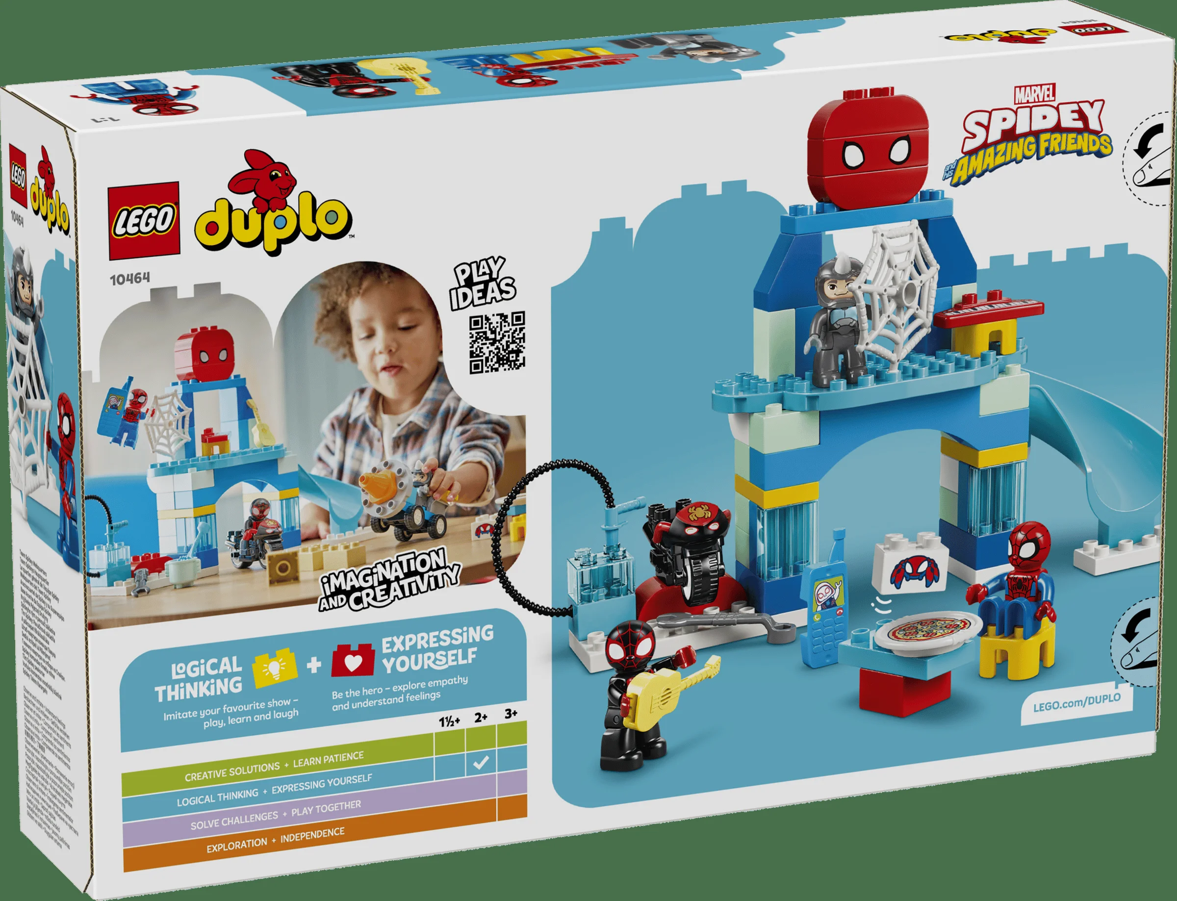 Cutie LEGO DUPLO 10464, Webquarters Team Spidey. Prezintă modelul asamblat și beneficiile educative.
