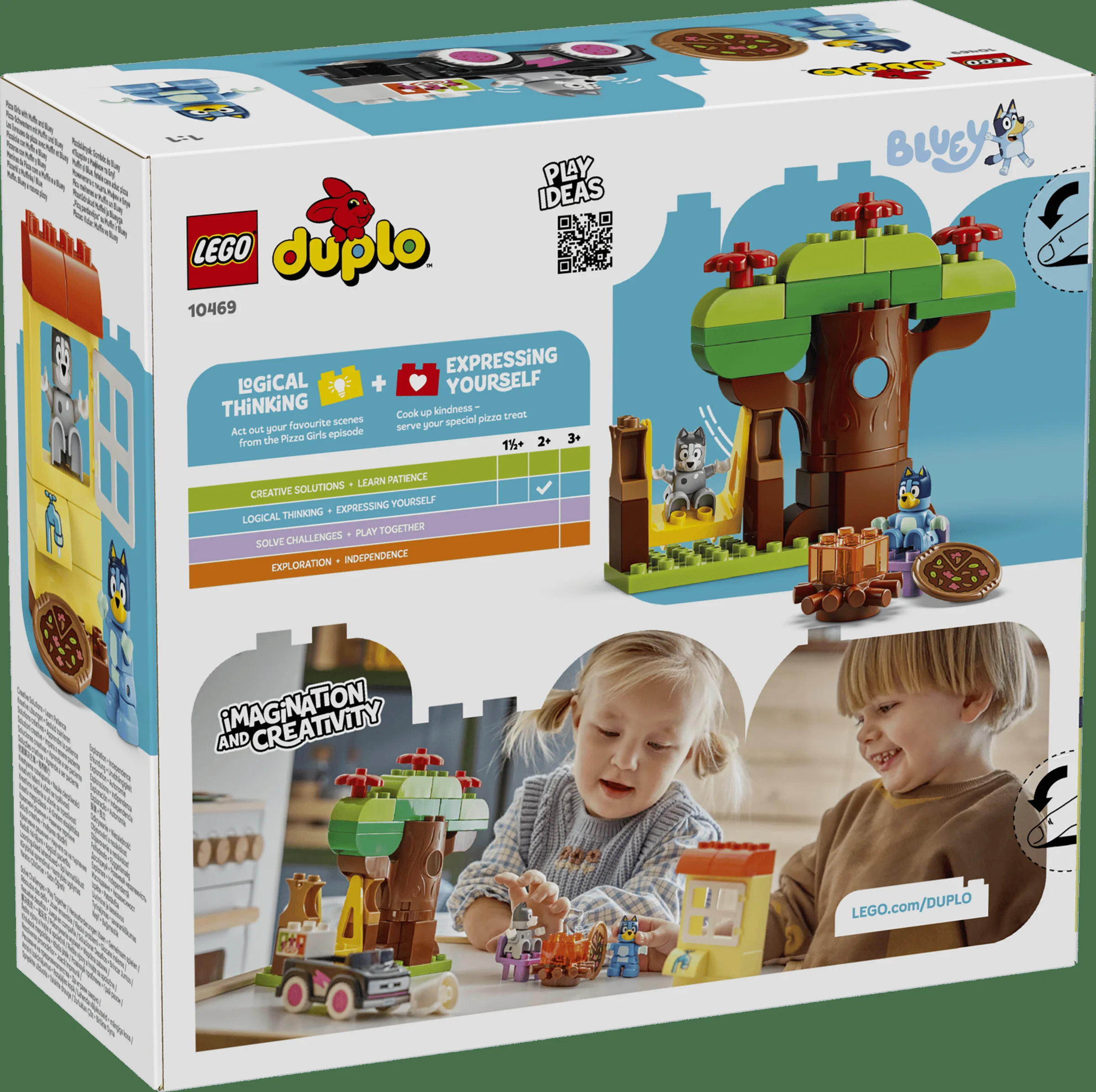 Cutie LEGO DUPLO 10469, cu fetițe pizza, Muffin și Bluey. Scene și detalii.