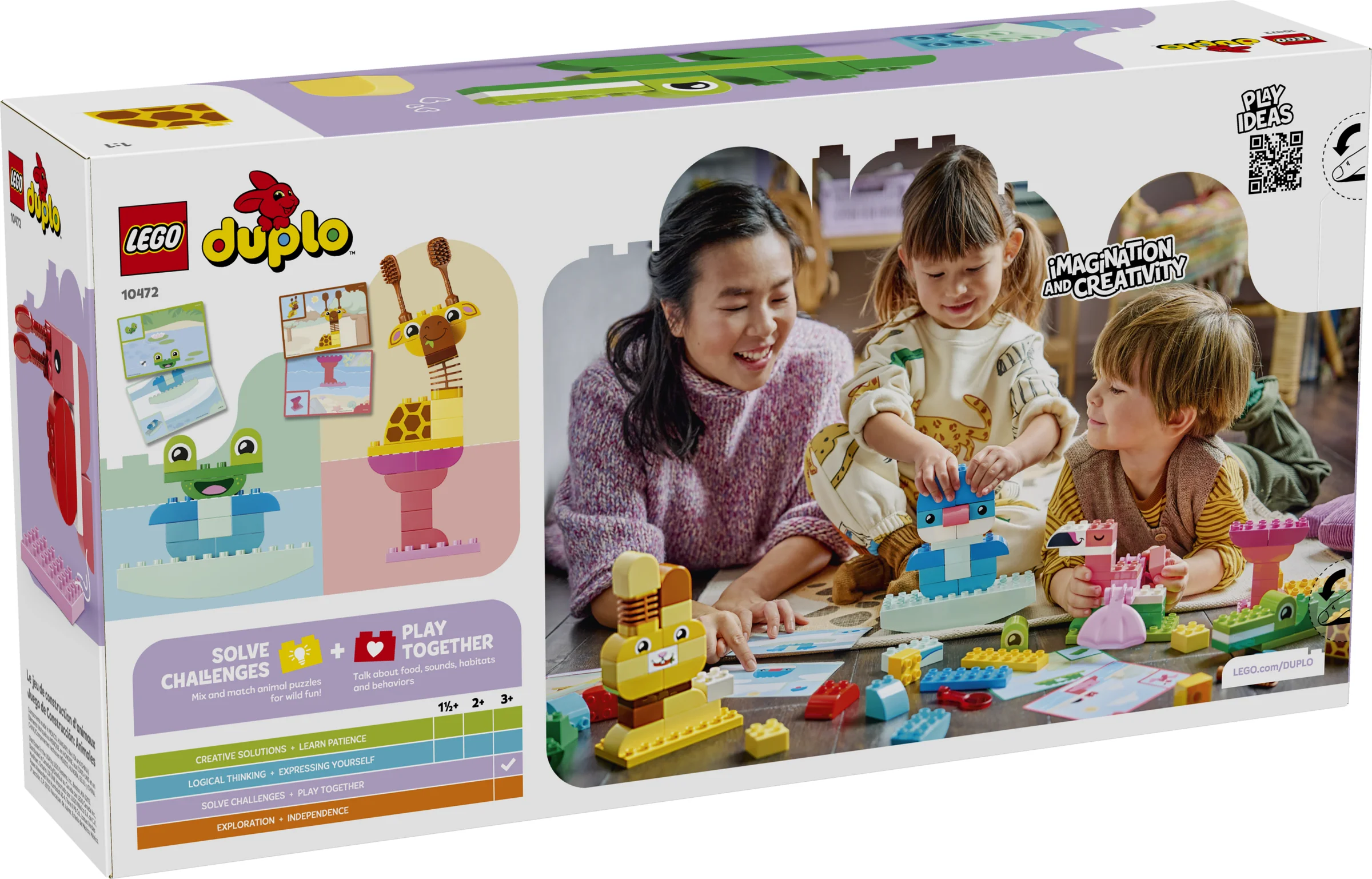 Cutia LEGO DUPLO 10472 prezintă copii și un adult jucând cu setul, construind animale amuzante. Joc creativ și distractiv!