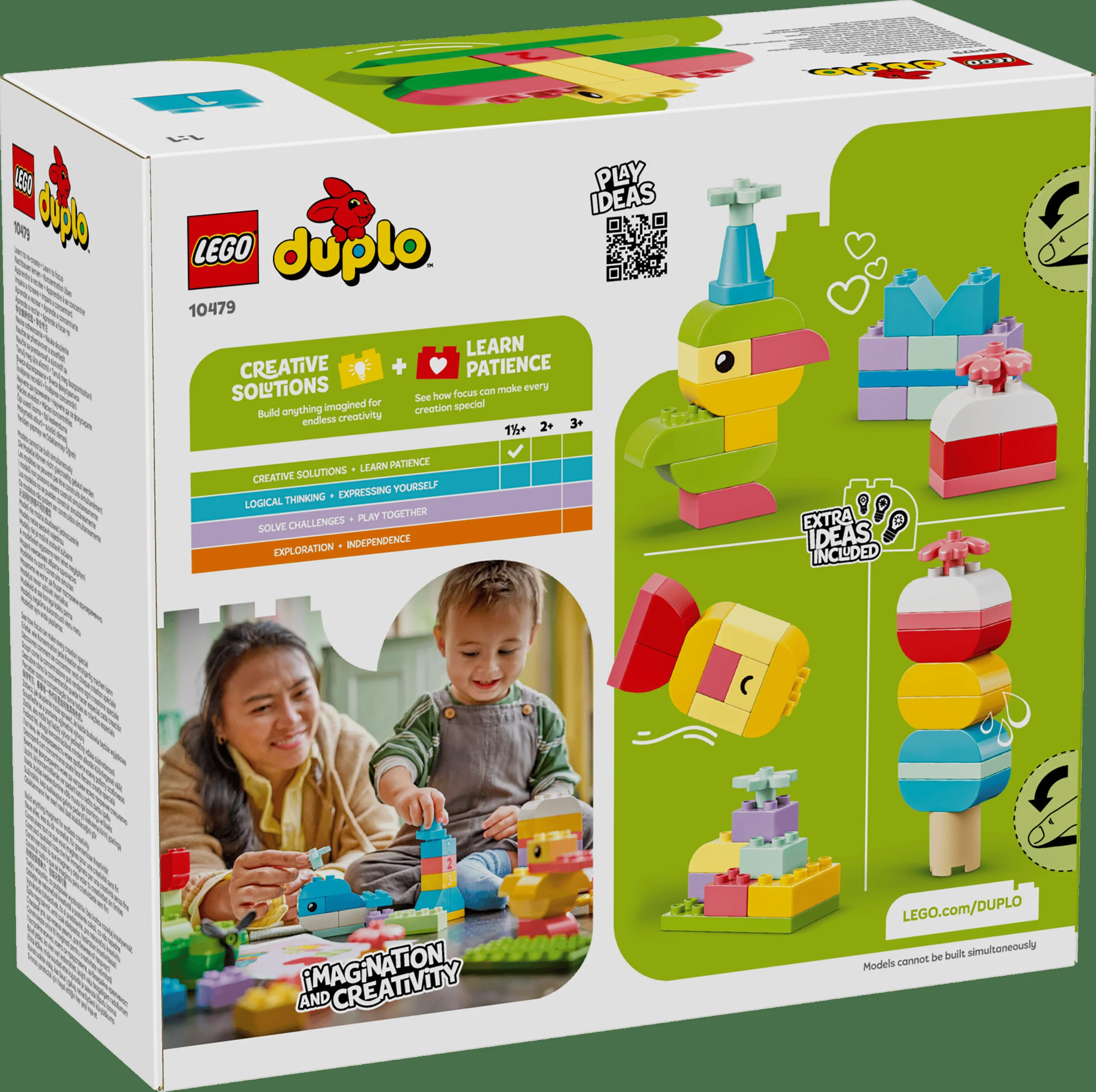 Cutie LEGO DUPLO 10479, cu idei creative și o imagine cu o mamă și copil jucându-se.