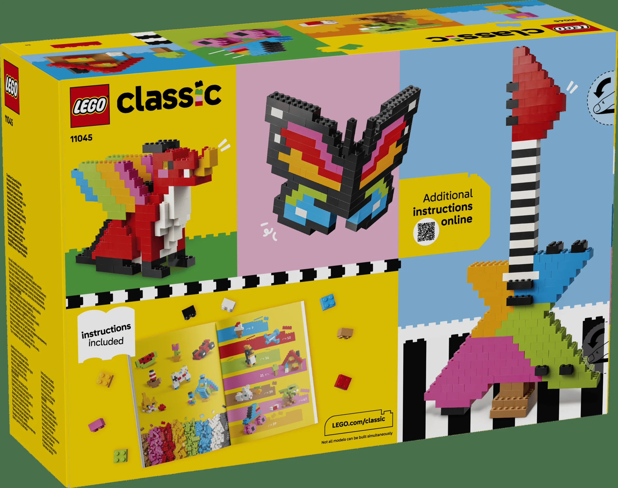 Cutia LEGO Classic 11045 prezintă modele colorate precum un dragon, un fluture și o chitară.