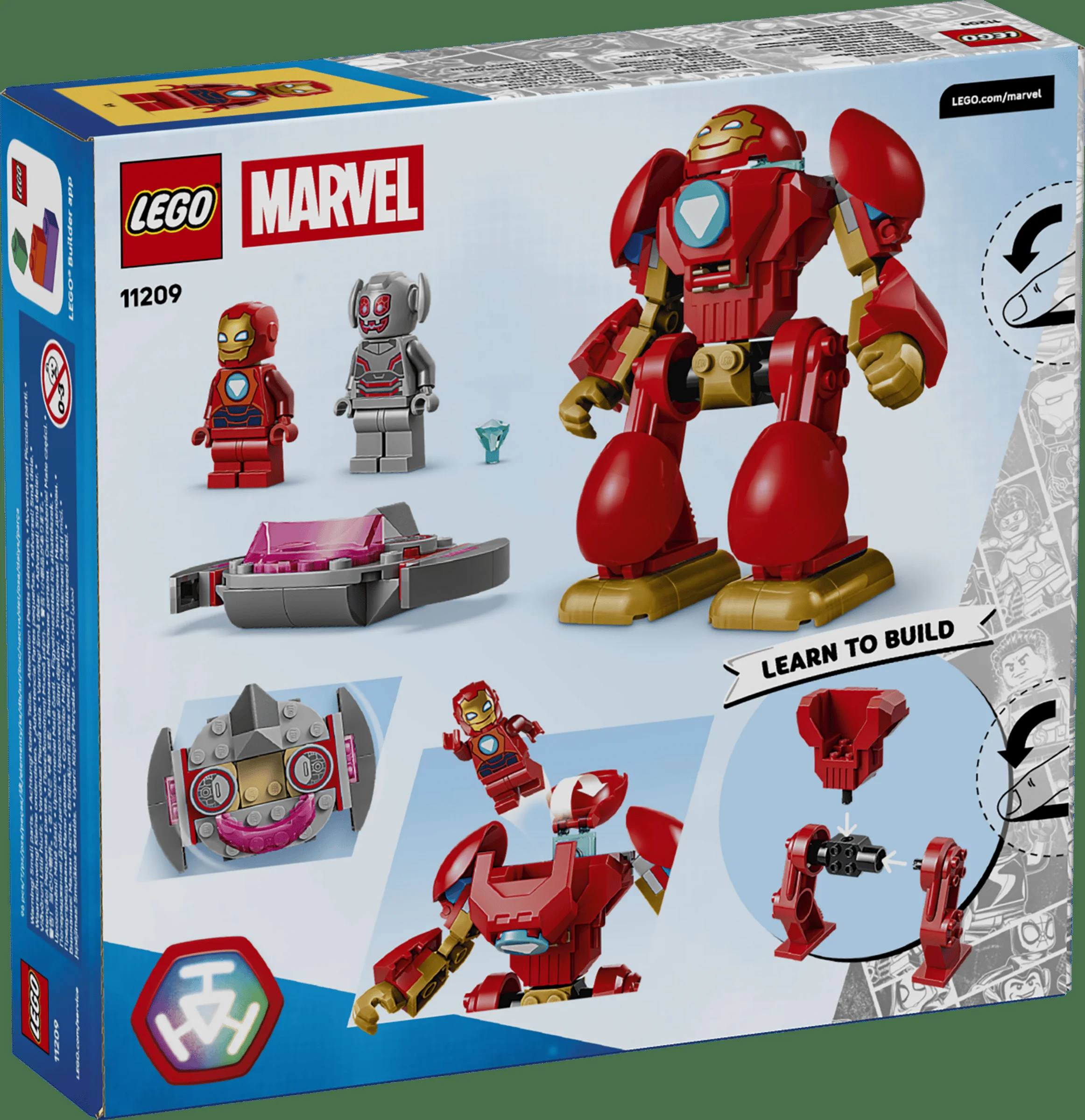 Cutia setului LEGO 11209 prezintă minifigurinele Iron Man și Ultron, plus instrucțiuni de construcție.