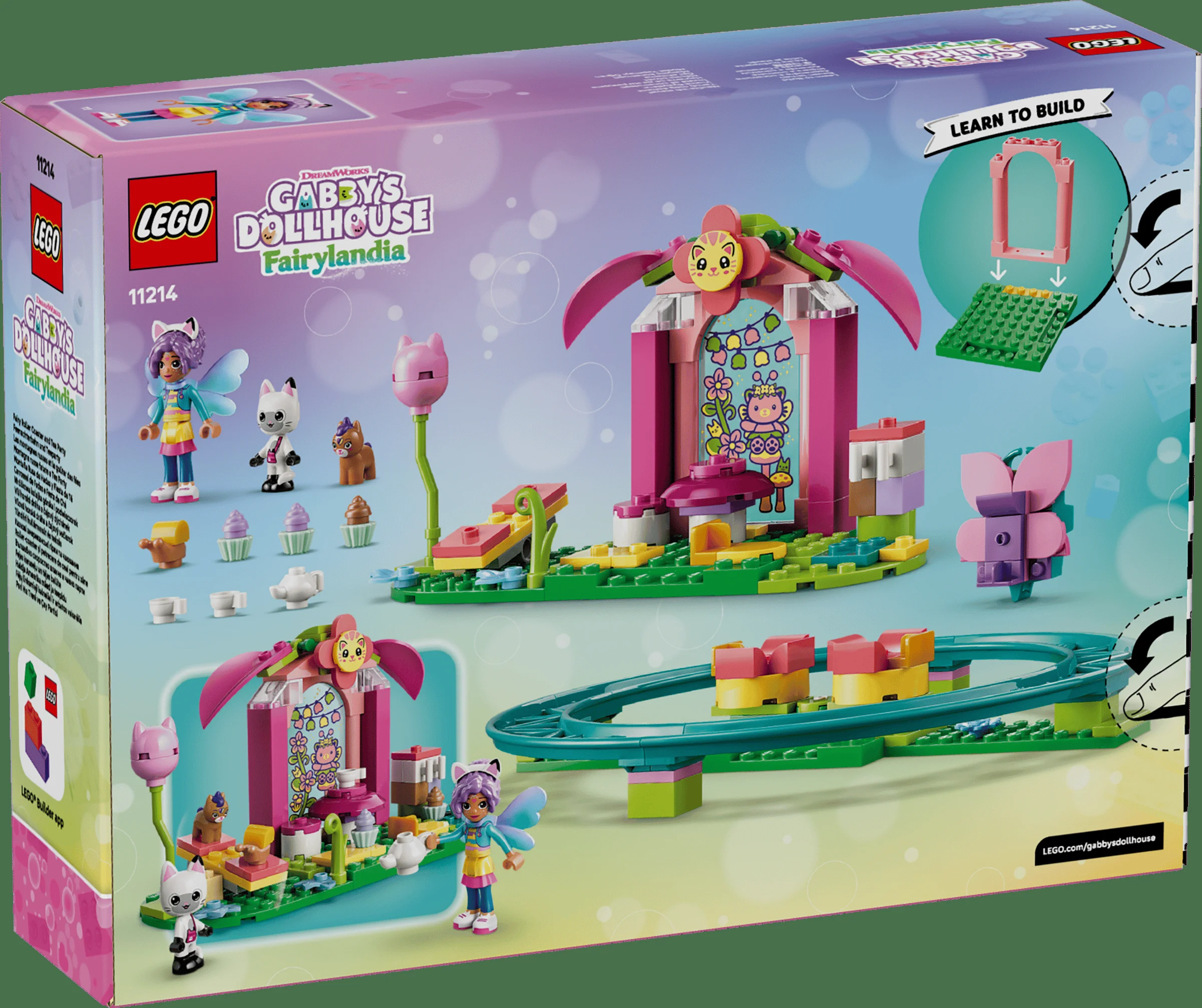 Cutia LEGO 11214 prezintă scena de basm cu roller coaster și petrecere de ceai.