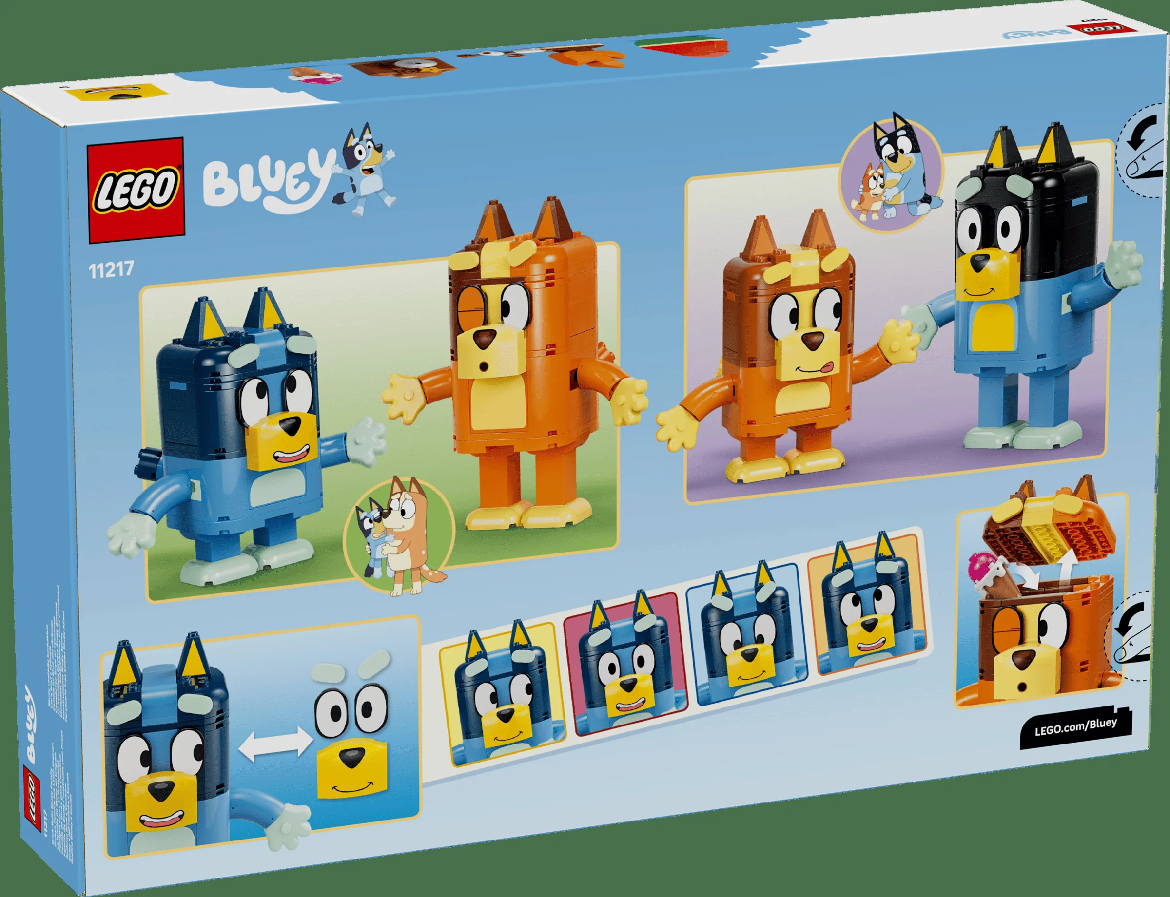 Cutia setului LEGO Bluey 11217, prezentând personajele construibile Bluey și Bingo.