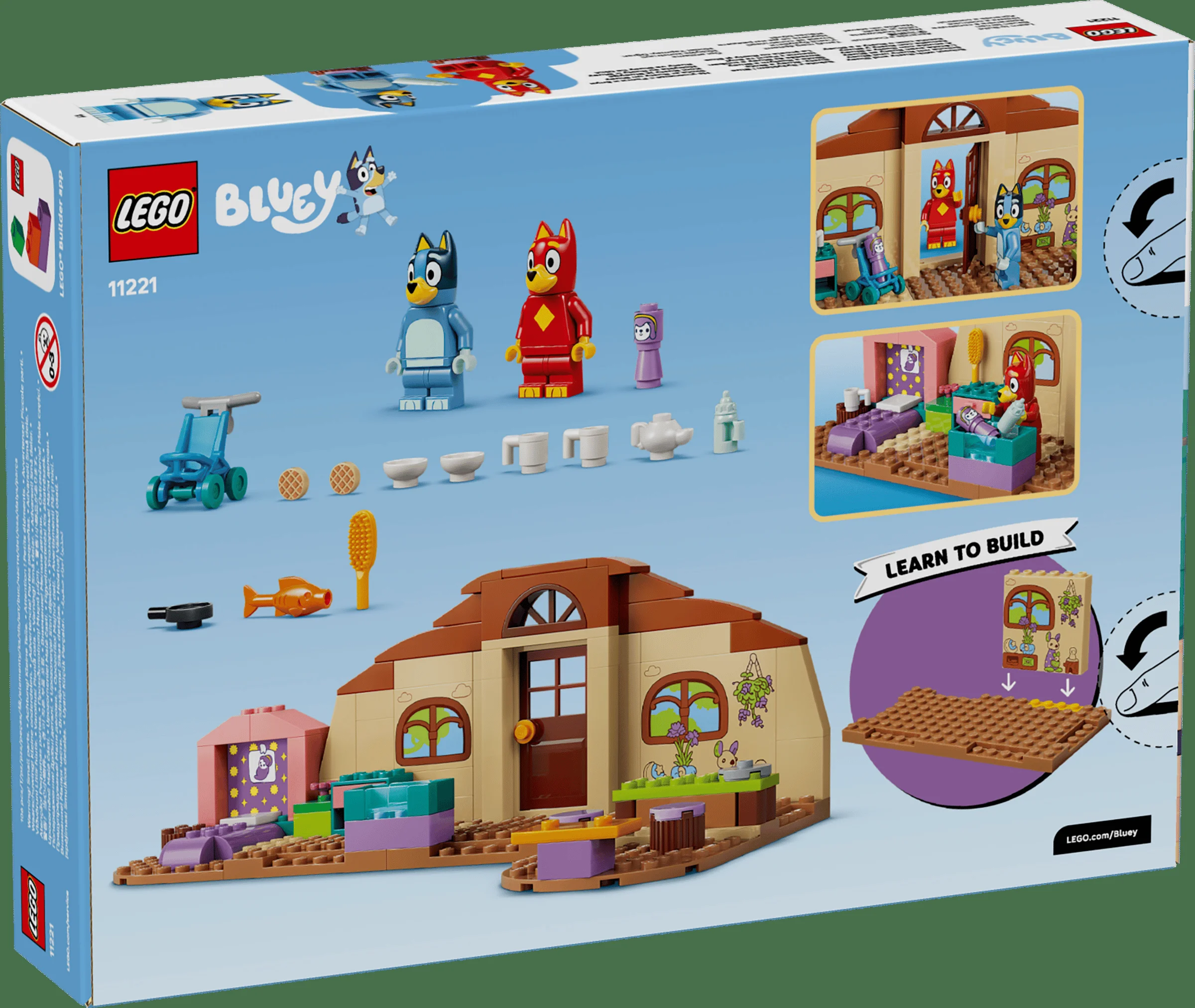 Imagine cu spatele cutiei LEGO 11221, cu detalii despre minifigurine și scenele din set.