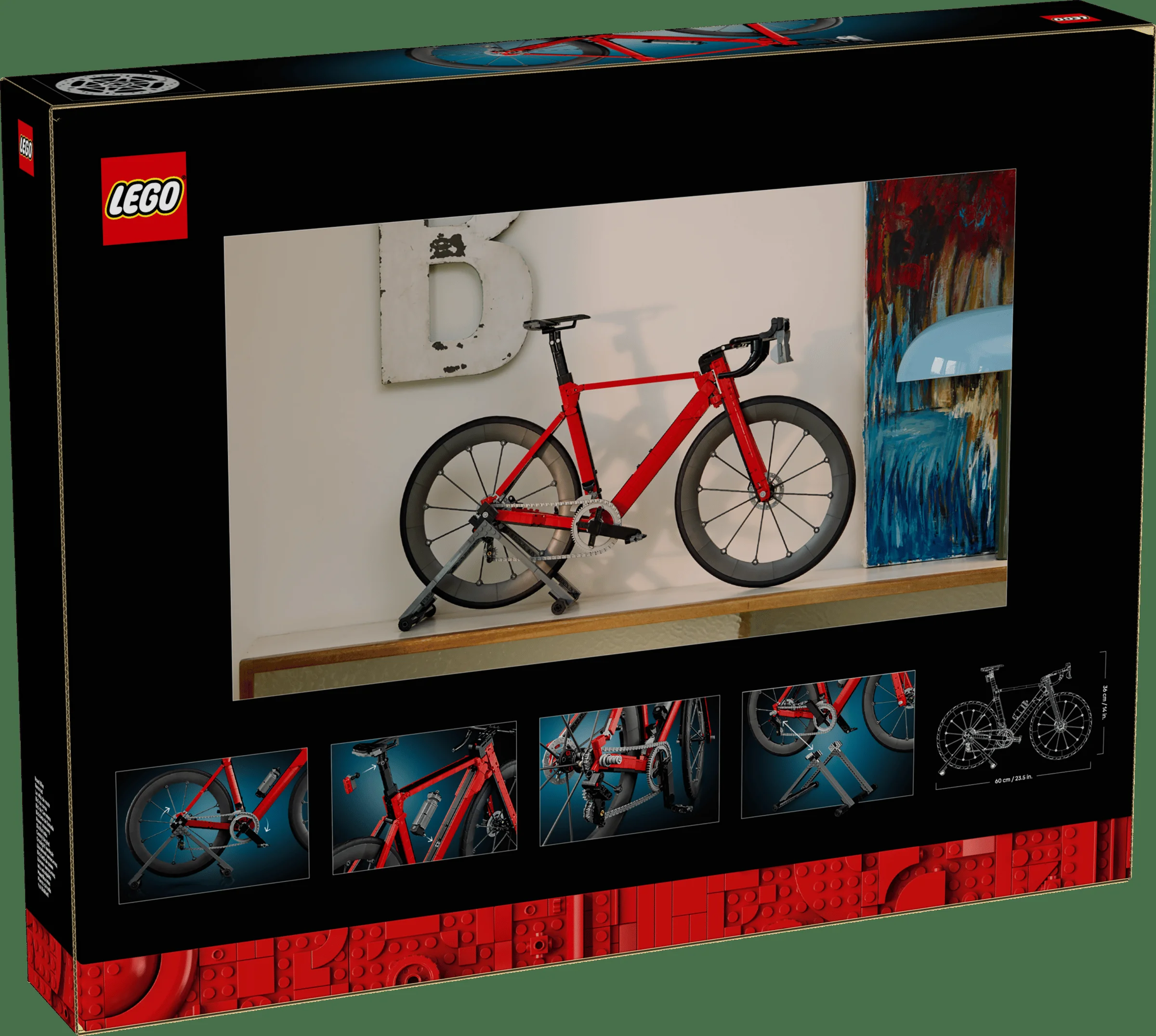 Imagine cu spatele cutiei setului LEGO bicicletă, detaliind modelul final și caracteristicile sale.
