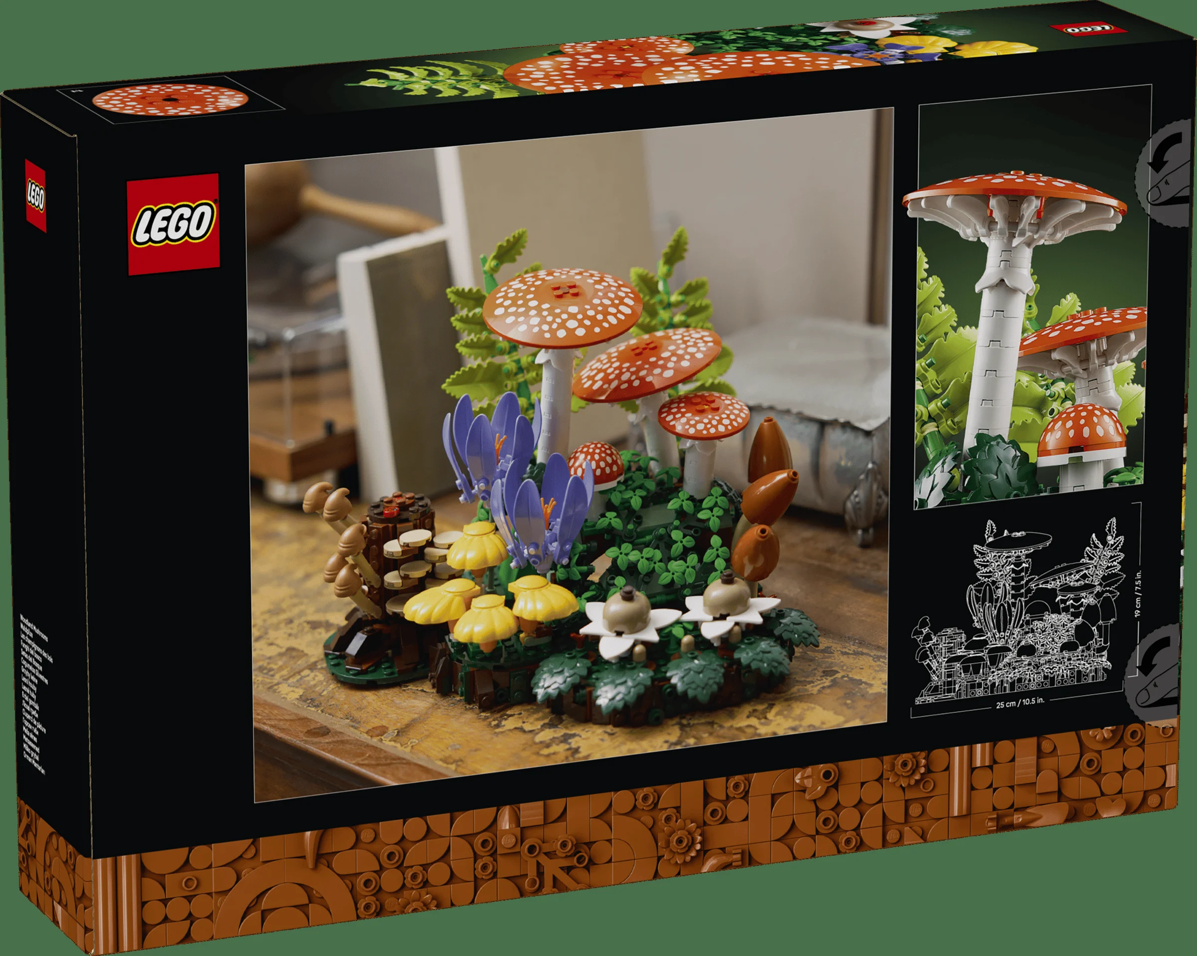 Cutia LEGO 11505 prezintă modelul finalizat, cu diverse ciuperci și flori construite din cărămizi LEGO.