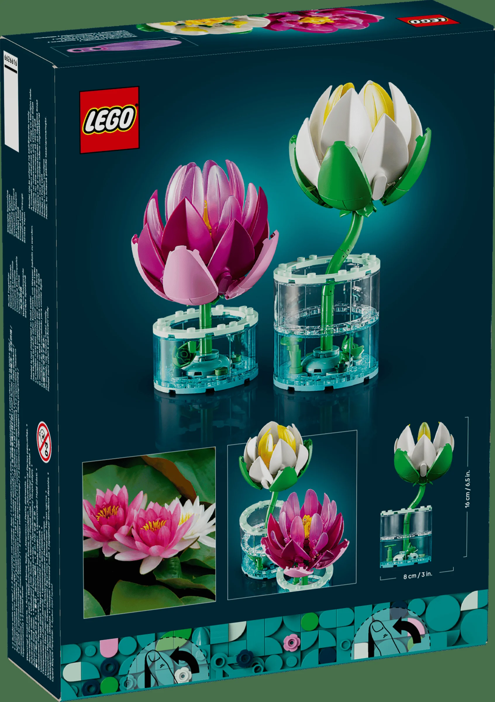 Imagine cu cutia LEGO 11511, prezentând modelele de nuferi roz și albi. Design botanic detaliat.