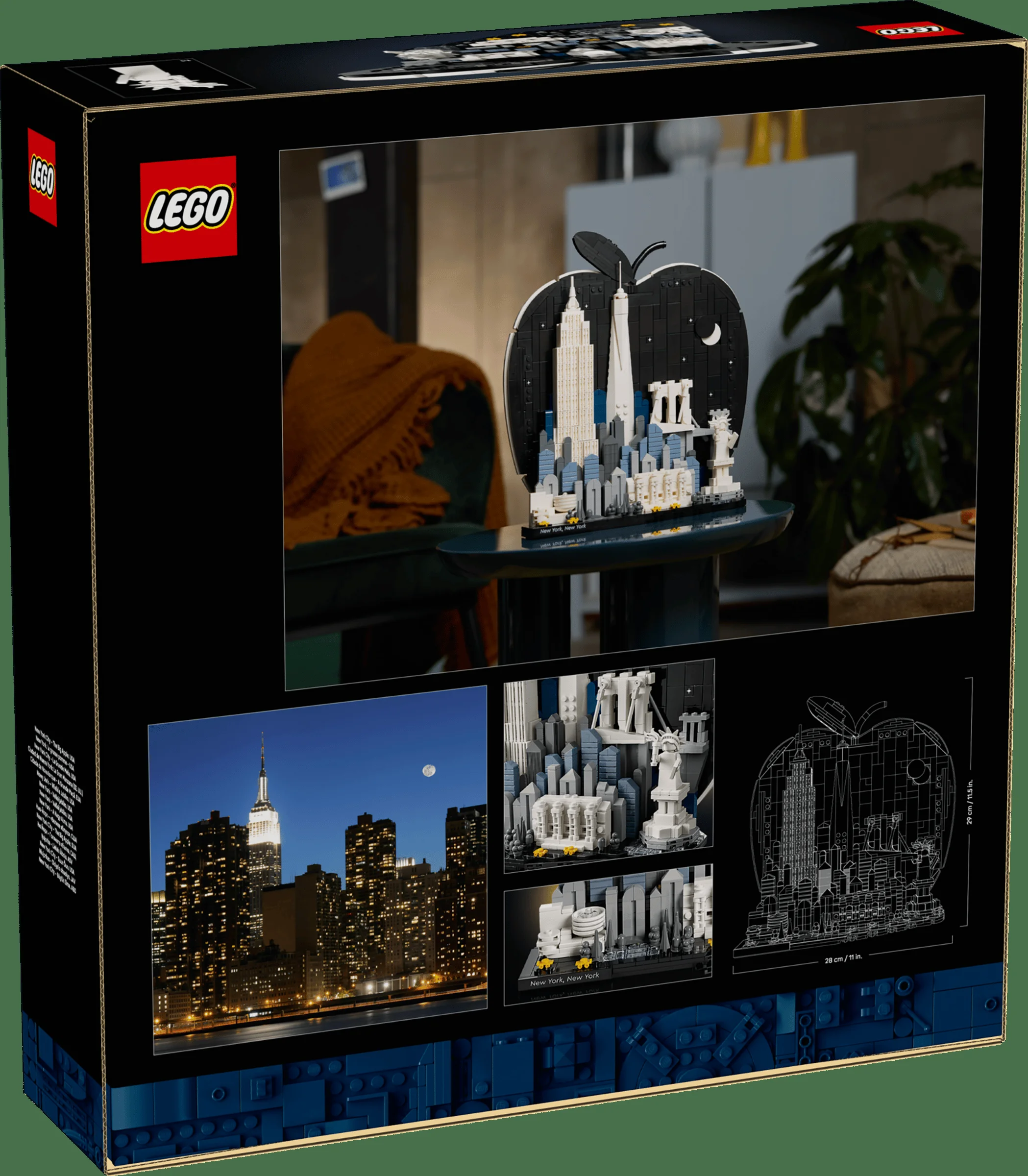 Cutia LEGO Architecture 21066 New York, prezentând modelul asamblat și detalii ale designului.
