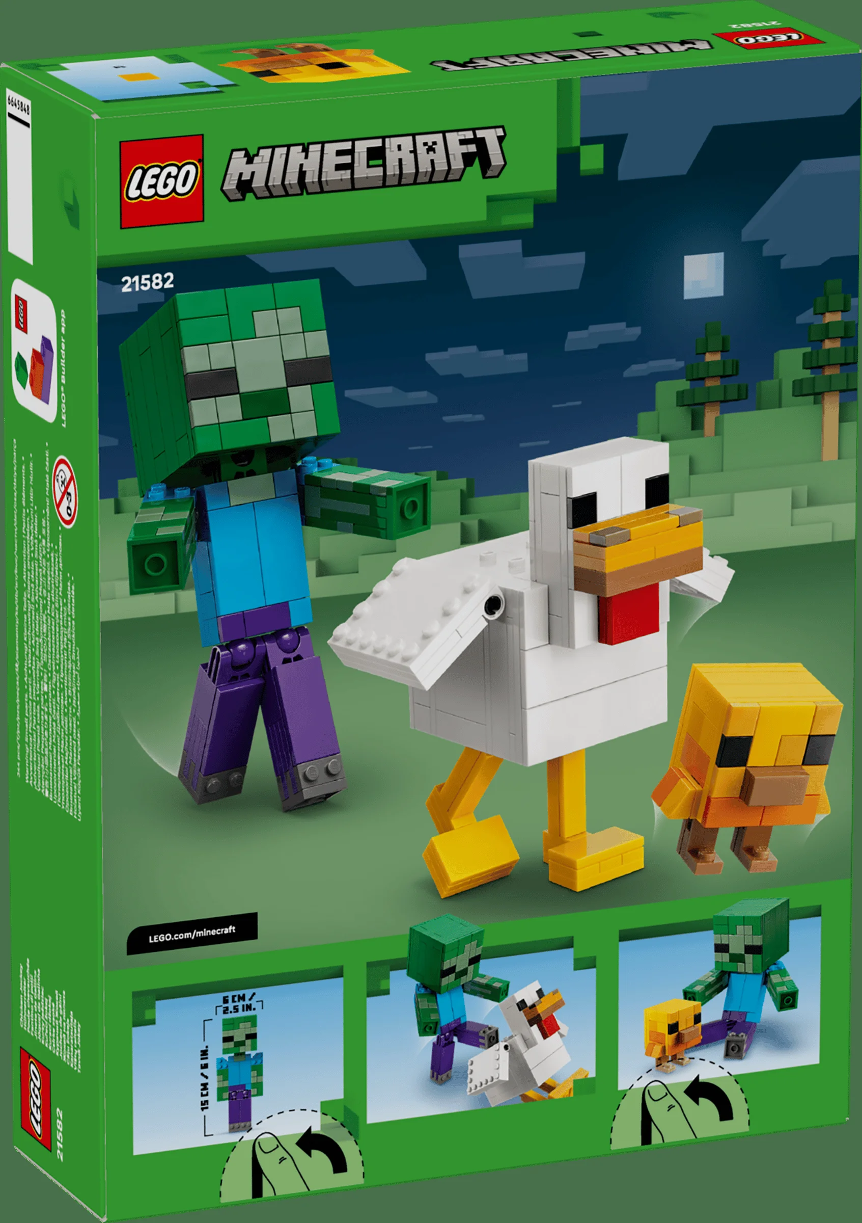 Cutia LEGO Minecraft 21582 prezintă un zombie călare pe o găină, cu un pui. Detalii și dimensiuni.