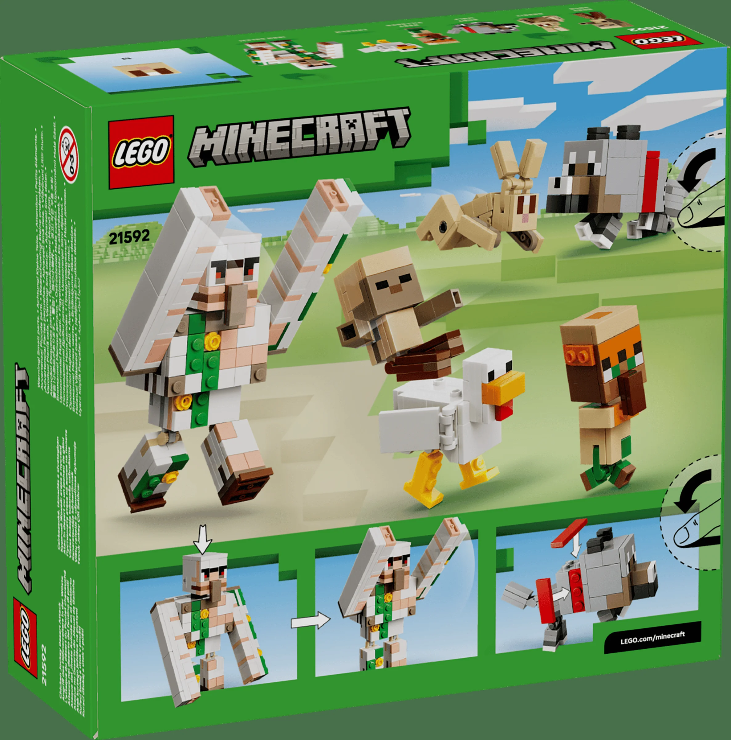 Imaginea cutiei LEGO Minecraft 21592 cu minifigurine și funcții. Design viu și detaliat.
