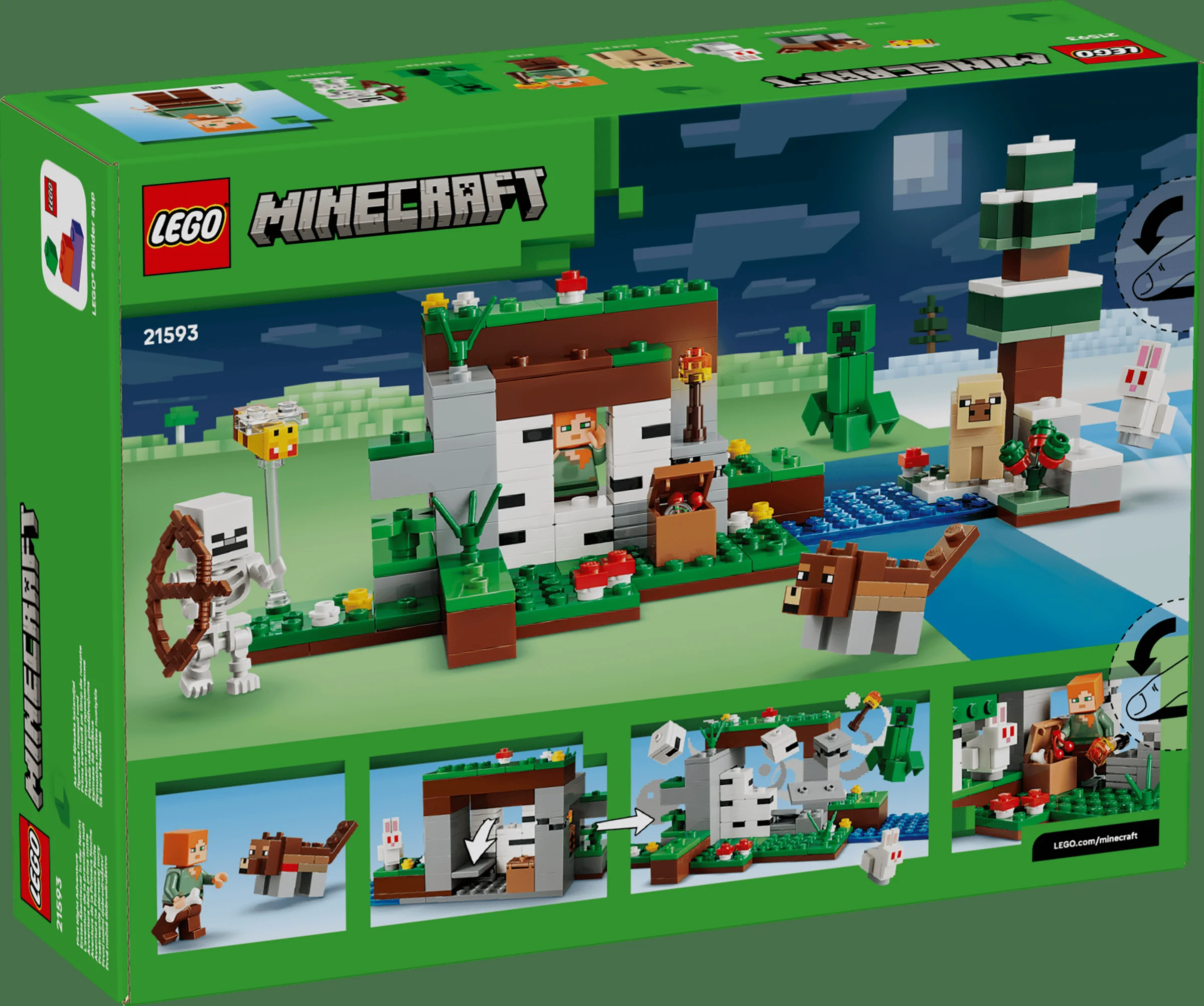 Imagine cu cutia setului LEGO Minecraft 21593, arătând modelul și personajele incluse.