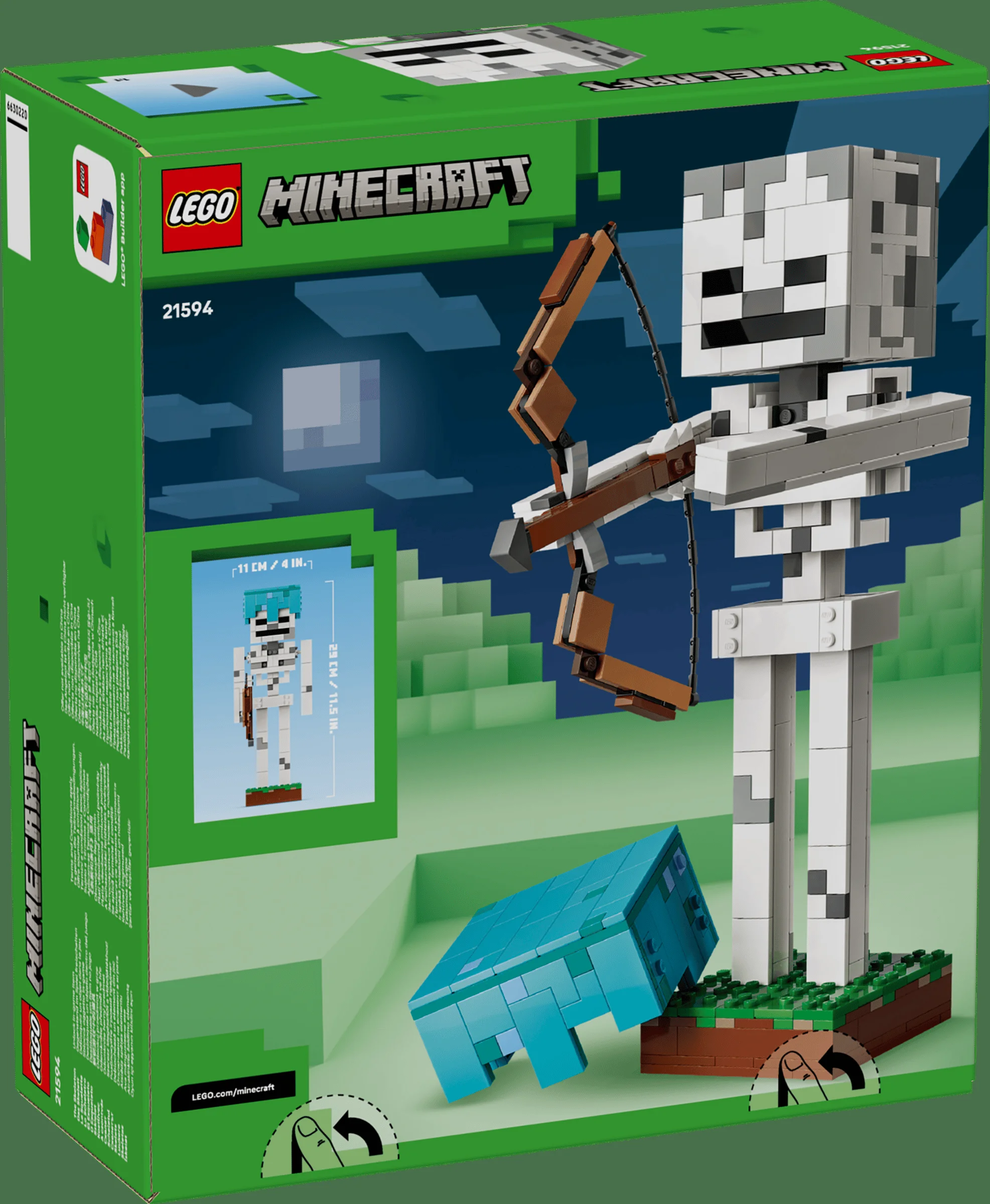 Spatele cutiei LEGO Minecraft 21594, cu modelul scheletului și cubul de slime.