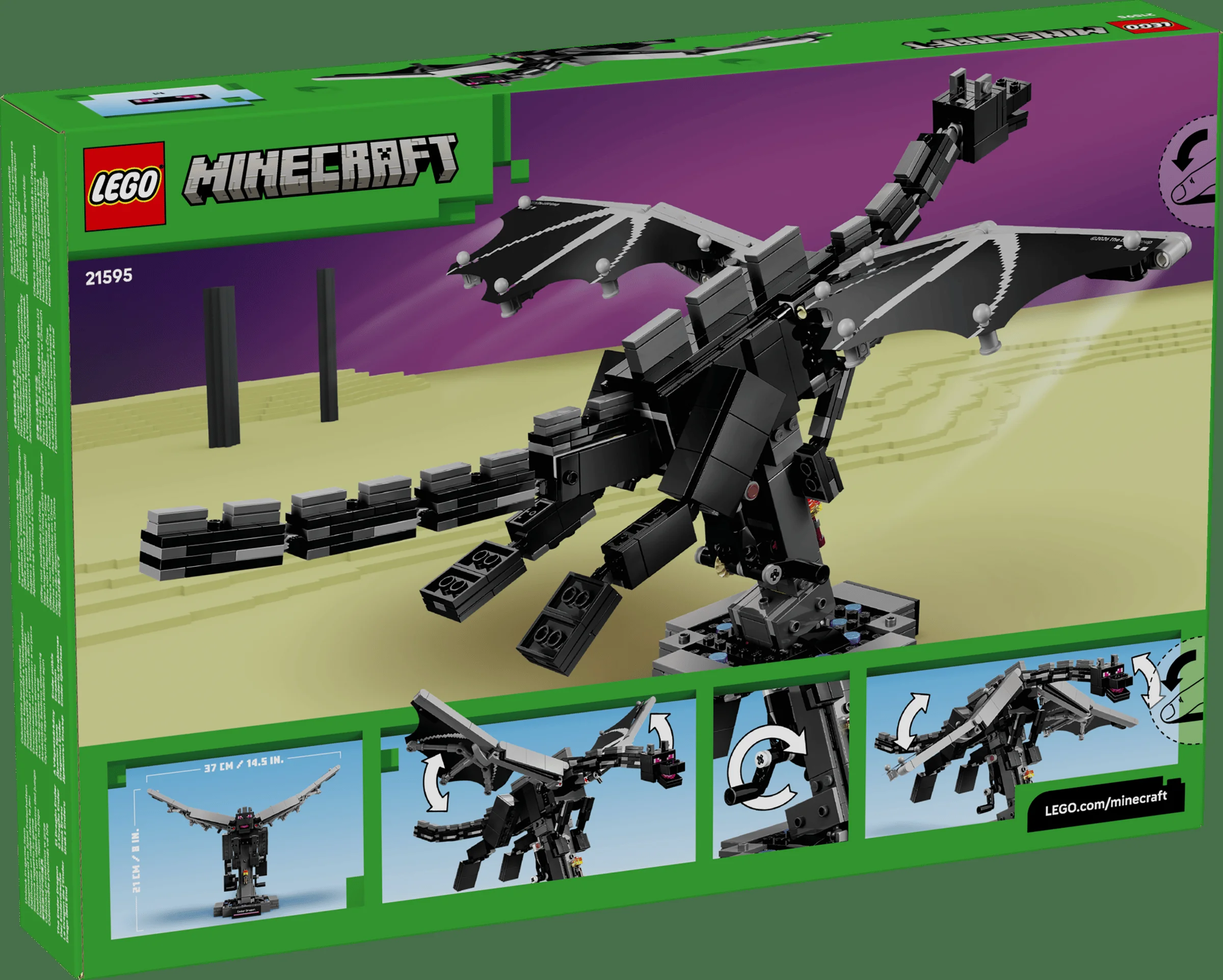 Cutia setului LEGO Minecraft 21595, cu dragonul Ender detaliat și funcții interactive.