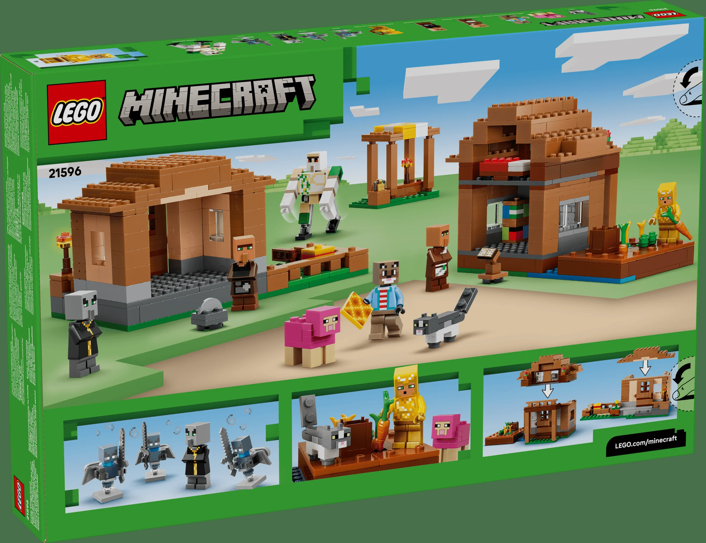 Cutia LEGO Minecraft 21596, cu sate și minifigurine Evoker.