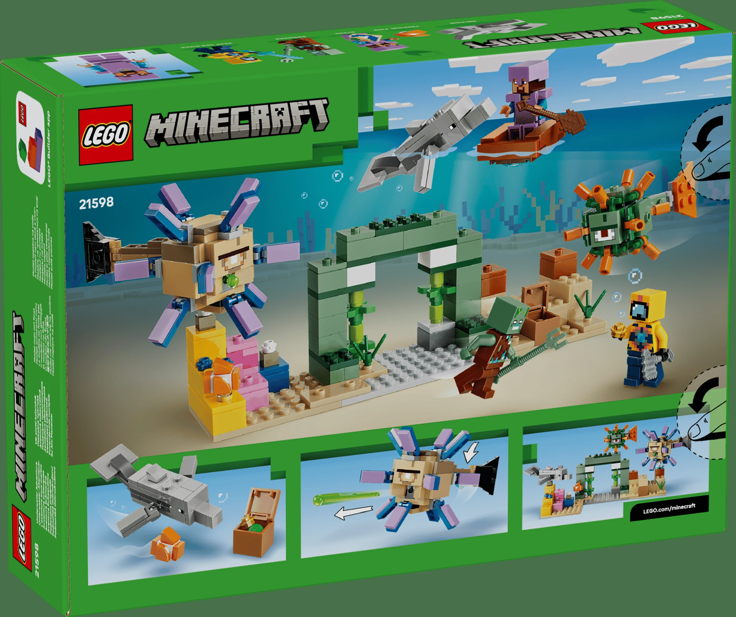 Imaginea din spate a cutiei LEGO Minecraft 21598, cu scene subacvatice construite.