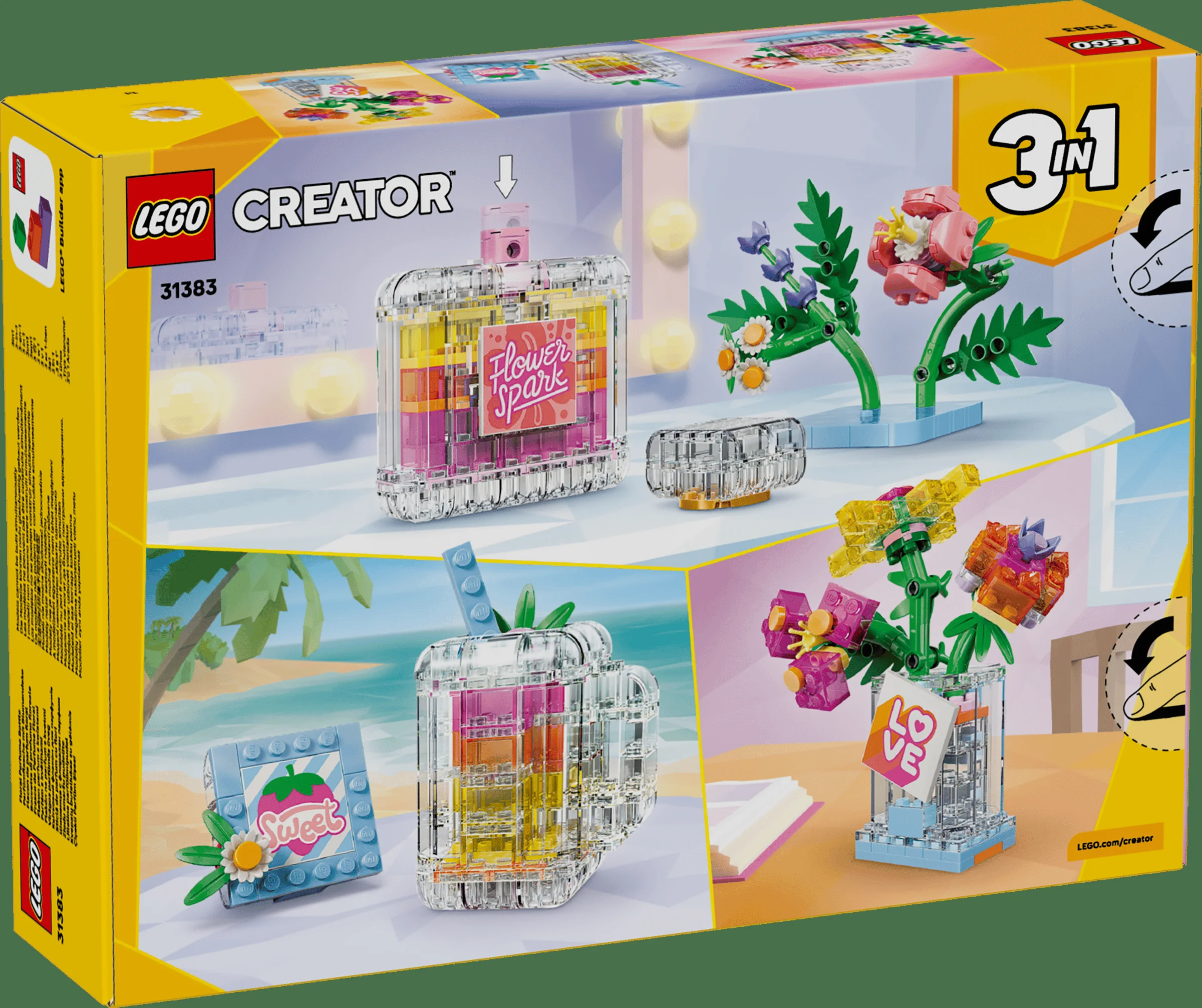 Cutia setului LEGO Creator 31383, decor floral cu sticluțe de parfum.