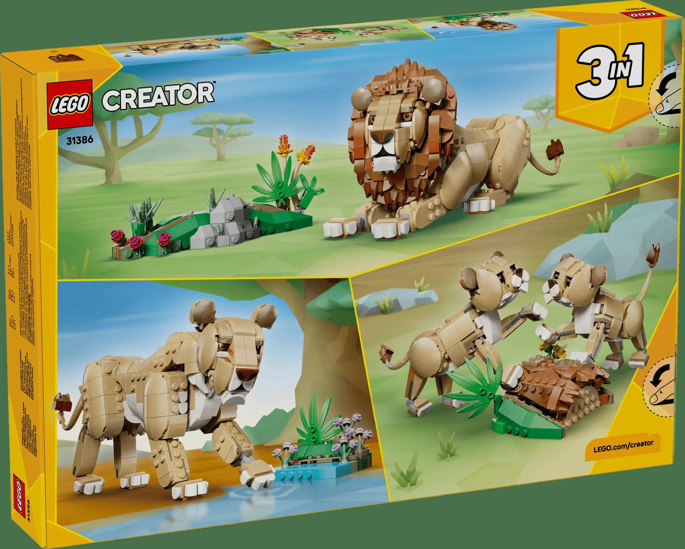 Cutia LEGO Creator 31386 prezintă un leu, o leoaică și puii lor în habitatul natural.