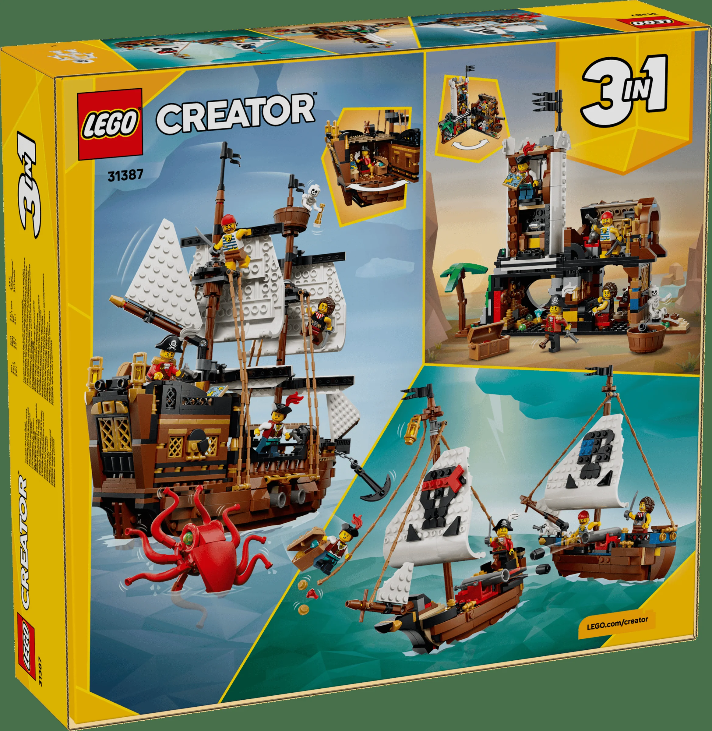 Cutie LEGO Creator 31387, cu corabie pirat și alte modele alternative.