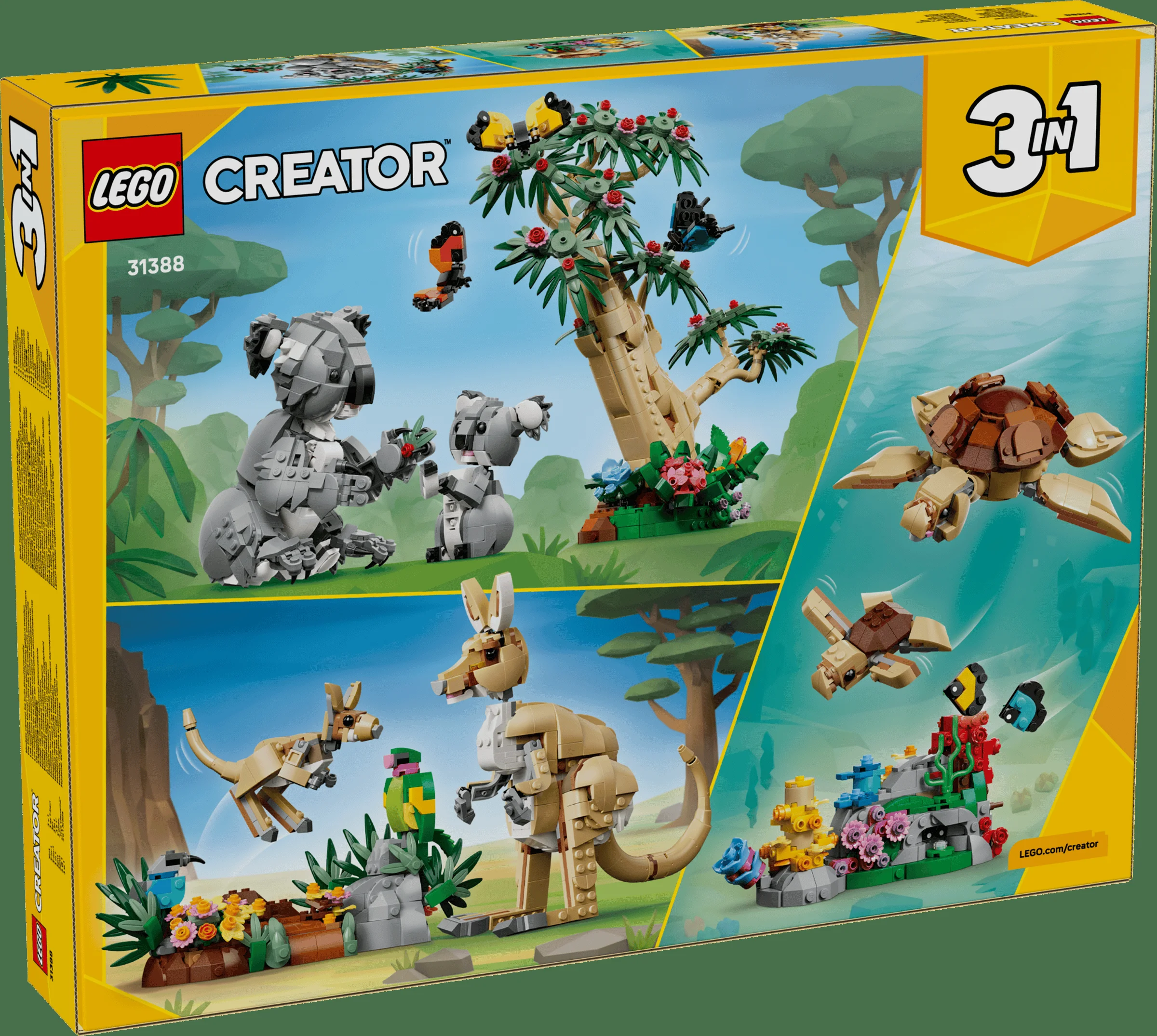 Cutie LEGO Creator 31388 prezintă koala, canguri și țestoase construite din cărămizi.
