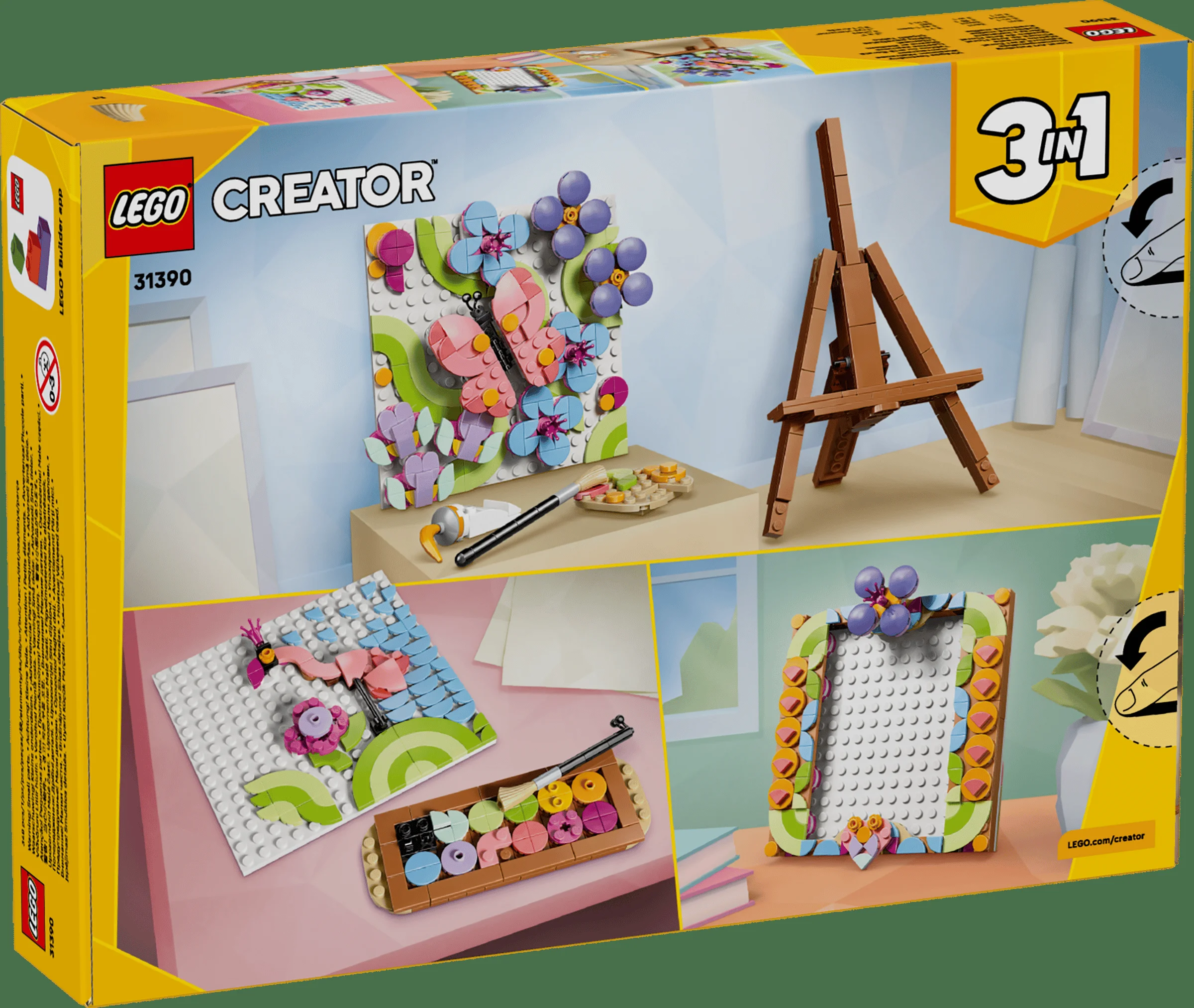Spatele cutiei setului LEGO 31390, cu imagini ale modelelor alternative și funcția 3 în 1.