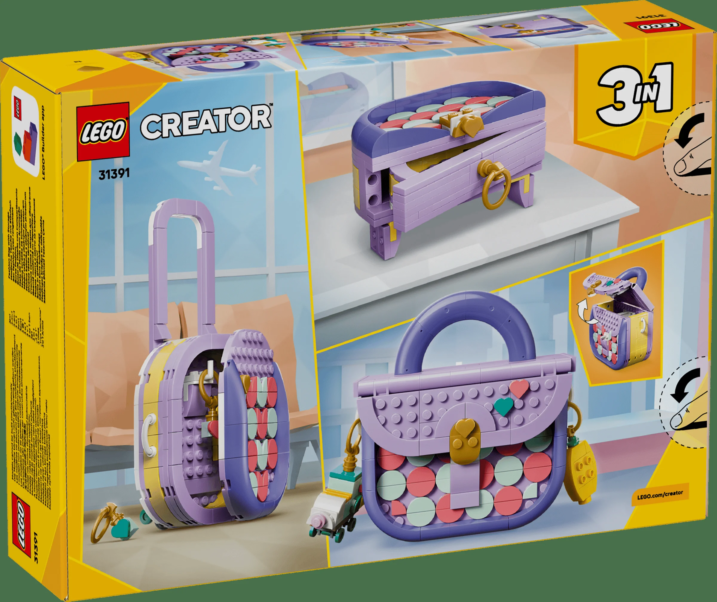 Cutia setului LEGO Creator 31391, cu modele alternative prezentate. Geantă mov, pian și valiză.