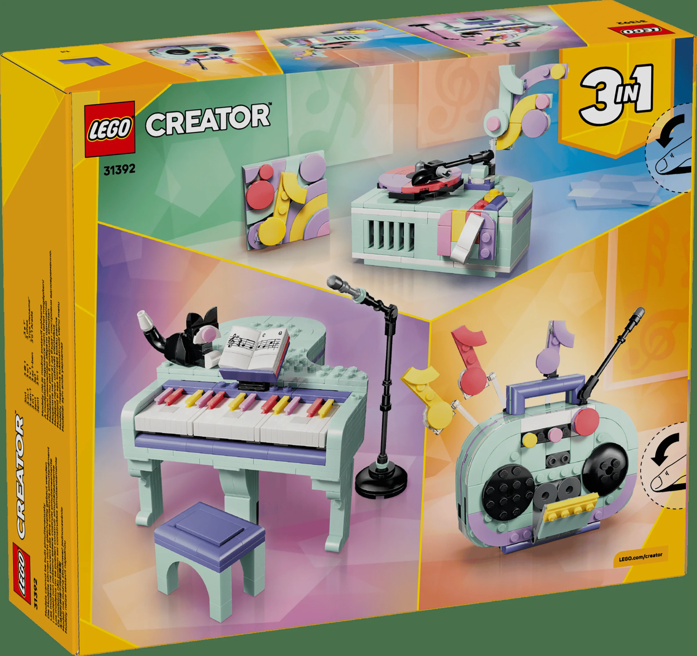 Cutia LEGO Creator 31392 cu modele muzicale construibile: pian, pick-up și radio. Set 3-în-1.