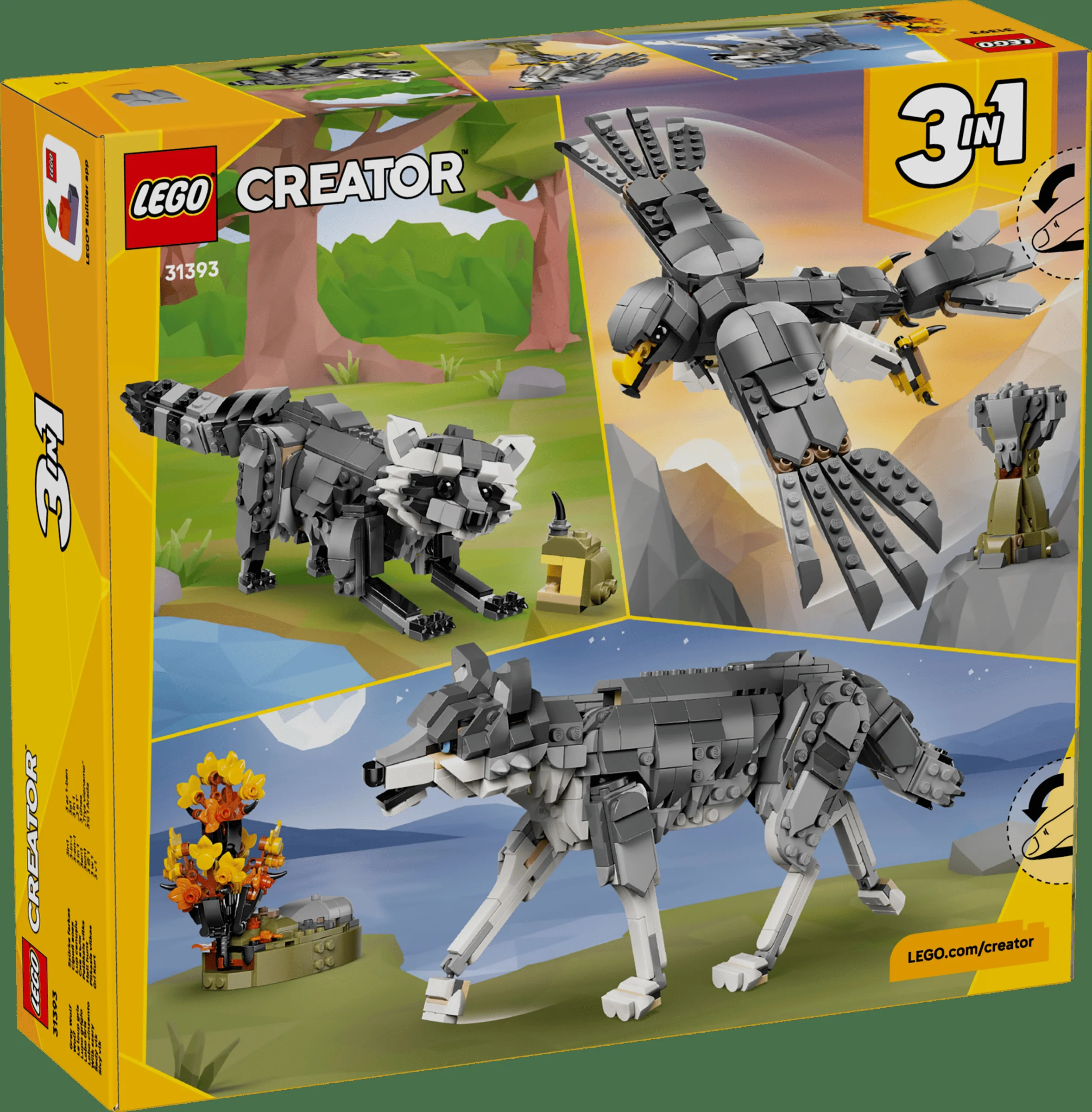 Imagine cu cutia setului LEGO Creator 31393, cu modelele lup, raton și vultur construite.