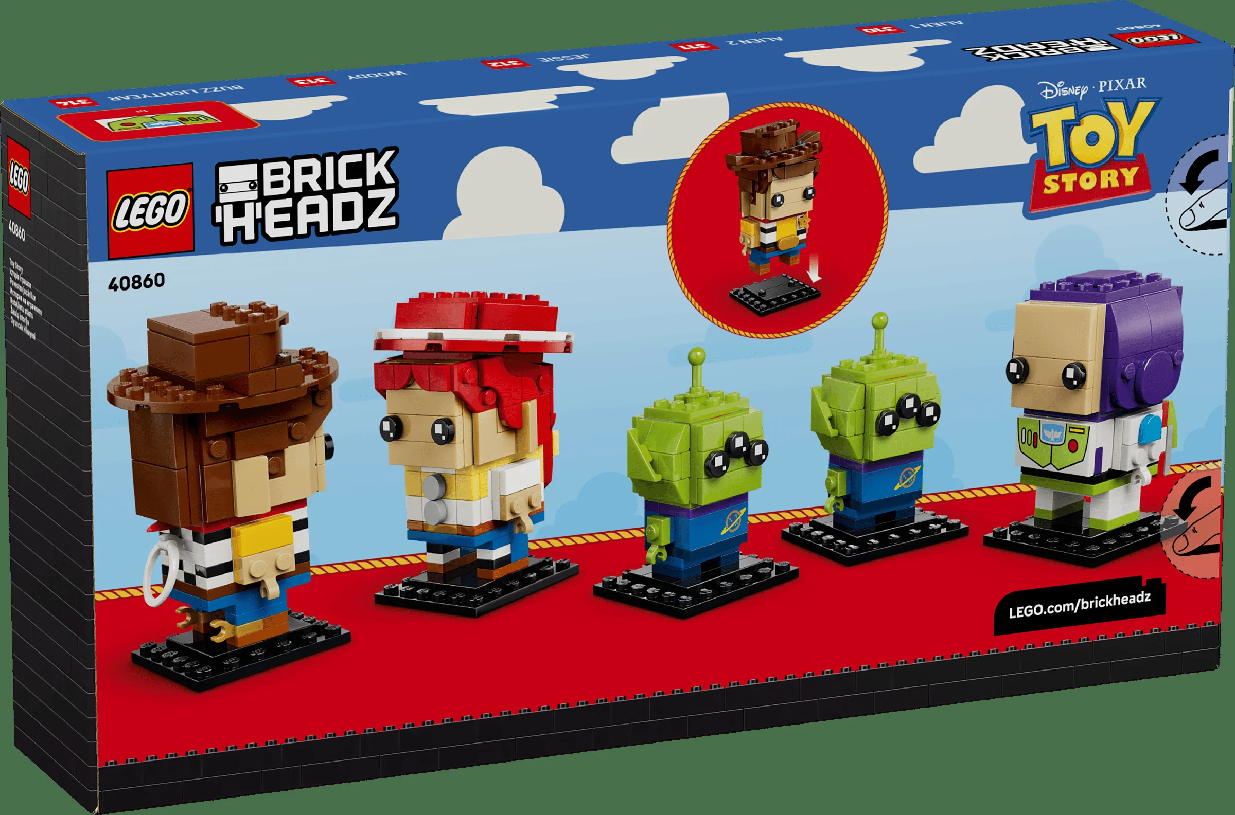 Cutia LEGO BrickHeadz 40860 Toy Story prezintă personajele construite: Woody, Jessie, Alien și Buzz.