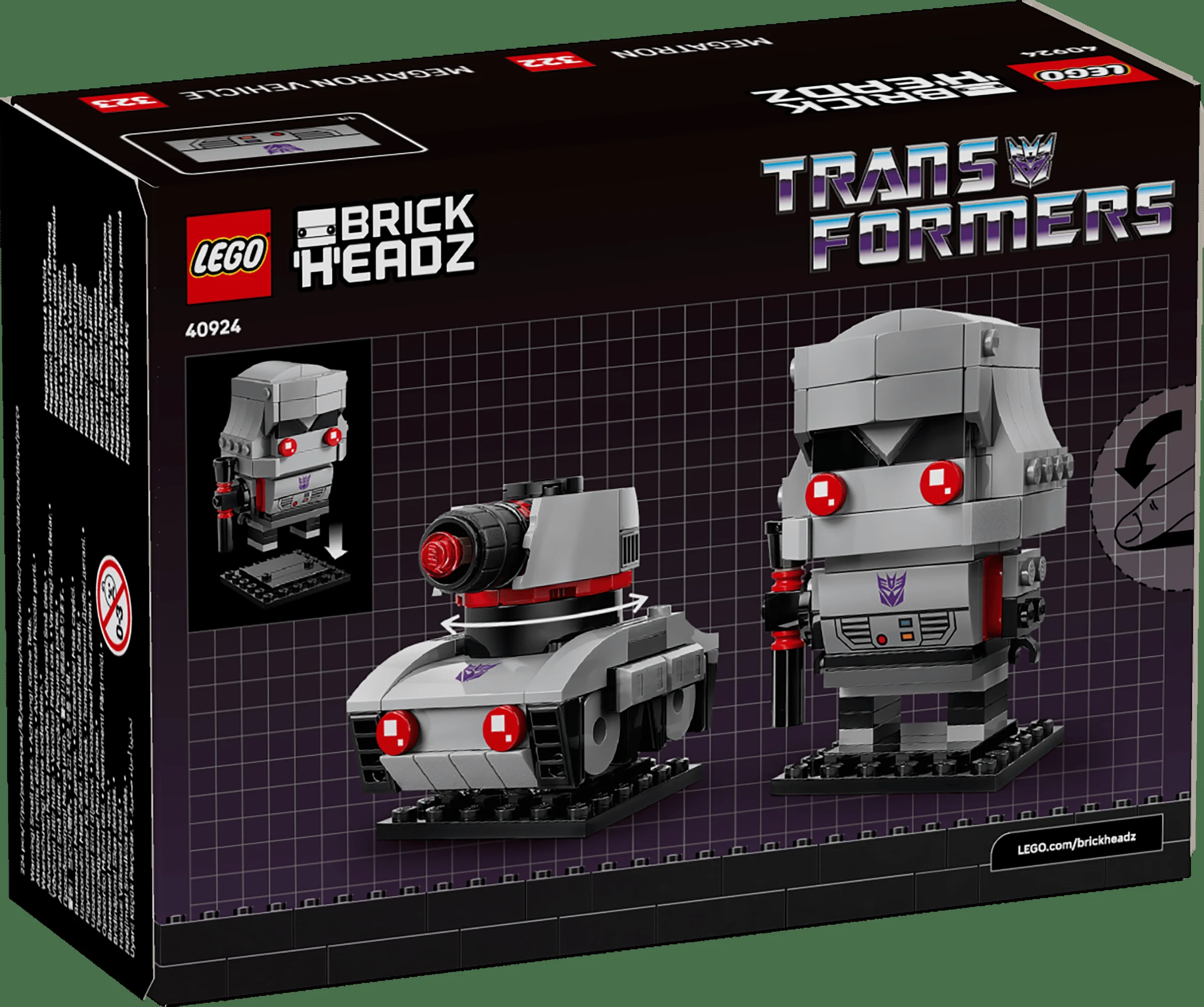 Cutia setului LEGO BrickHeadz 40924 Megatron Robot & Vehicle, cu modelul asamblat.