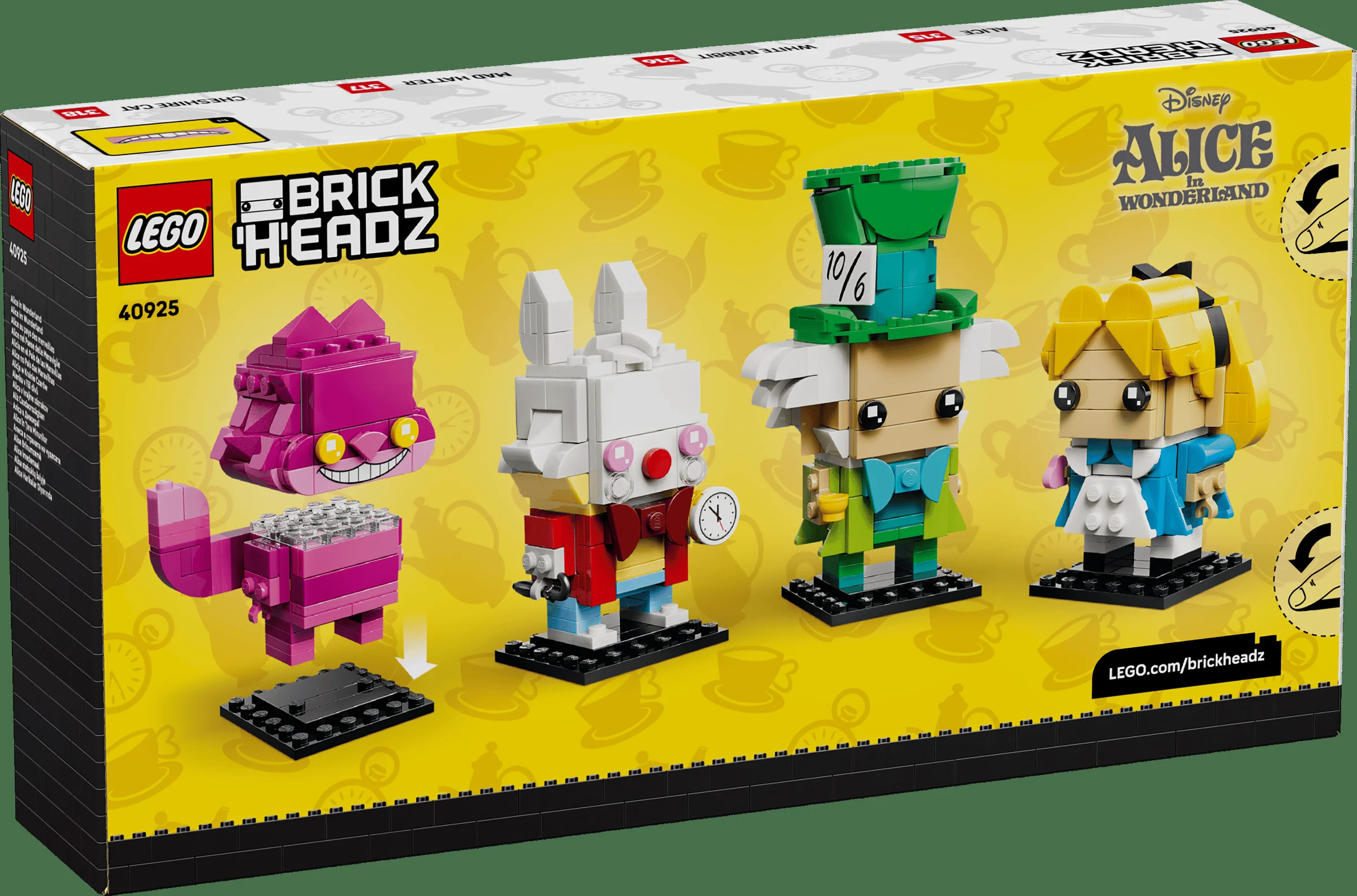 Cutia LEGO BrickHeadz 40925 Alice în Țara Minunilor prezintă cele 4 figurine construite.