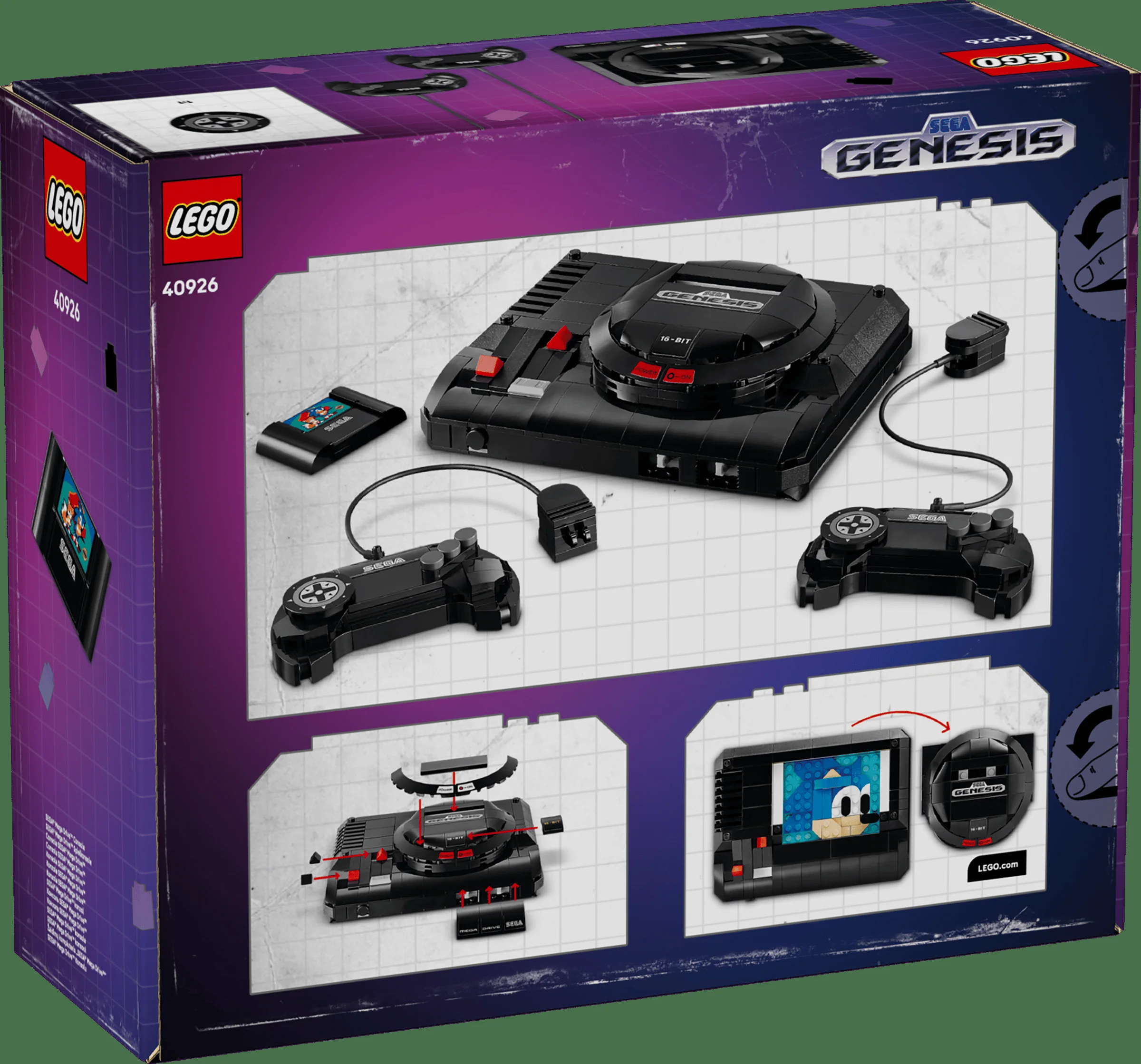 Cutia LEGO 40926 SEGA Mega Drive Console prezintă modelul și funcțiile sale. Elemente interactive.