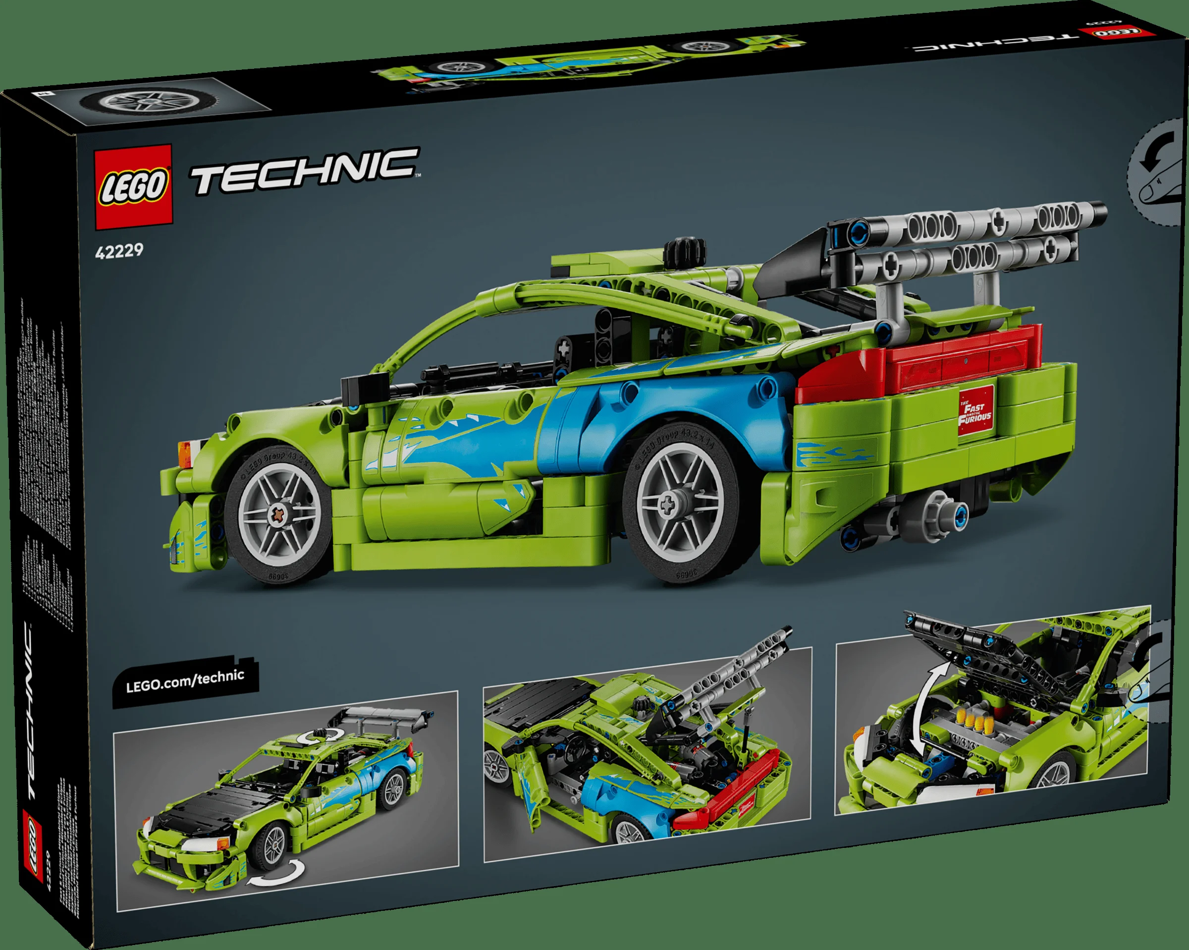 Imagine cu cutia setului LEGO Technic 42229 Mitsubishi Eclipse, arătând modelul și funcțiile.