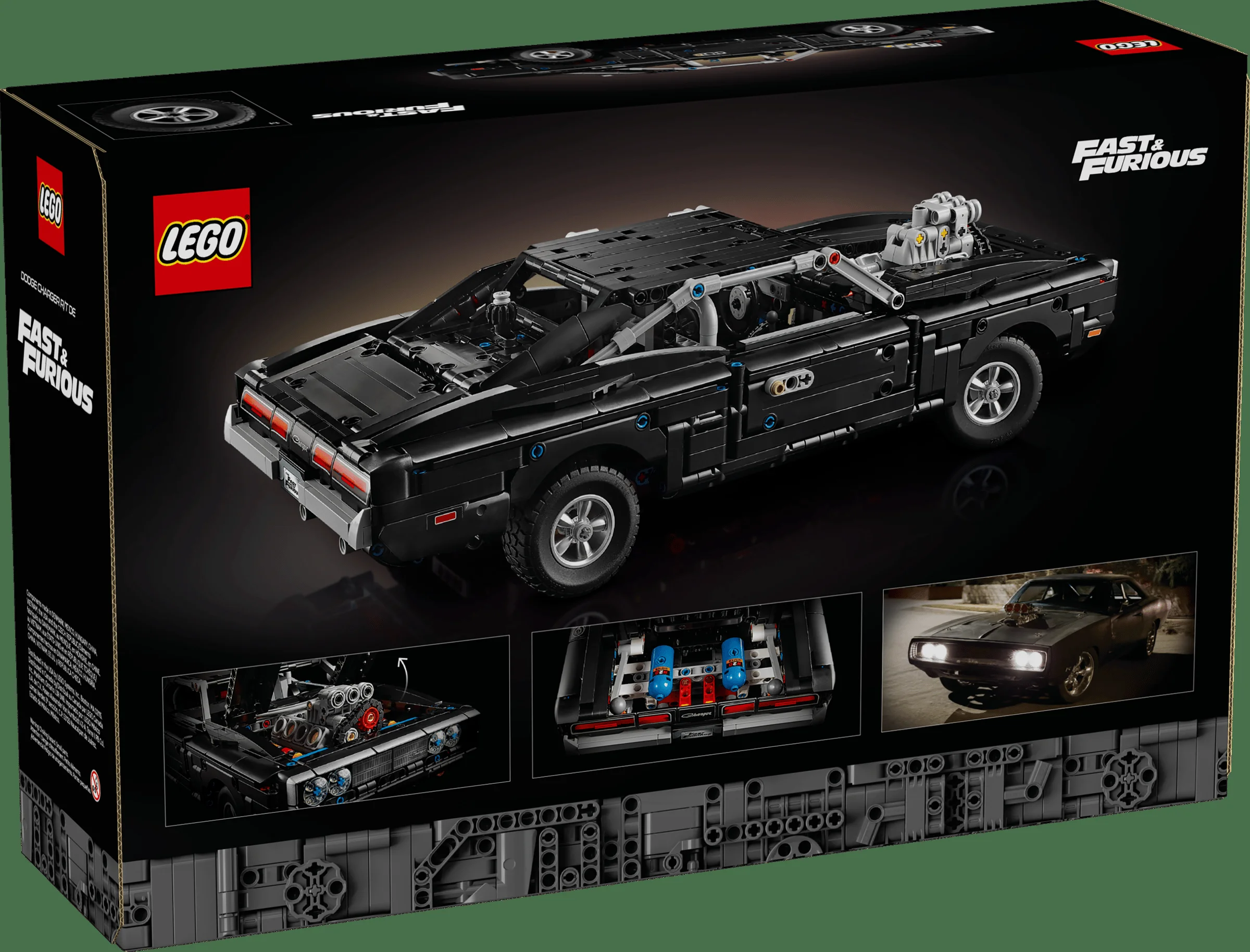 Imagine cu cutia setului LEGO Technic Dodge Charger R/T, cu modelul și logo-urile LEGO și Fast & Furious.