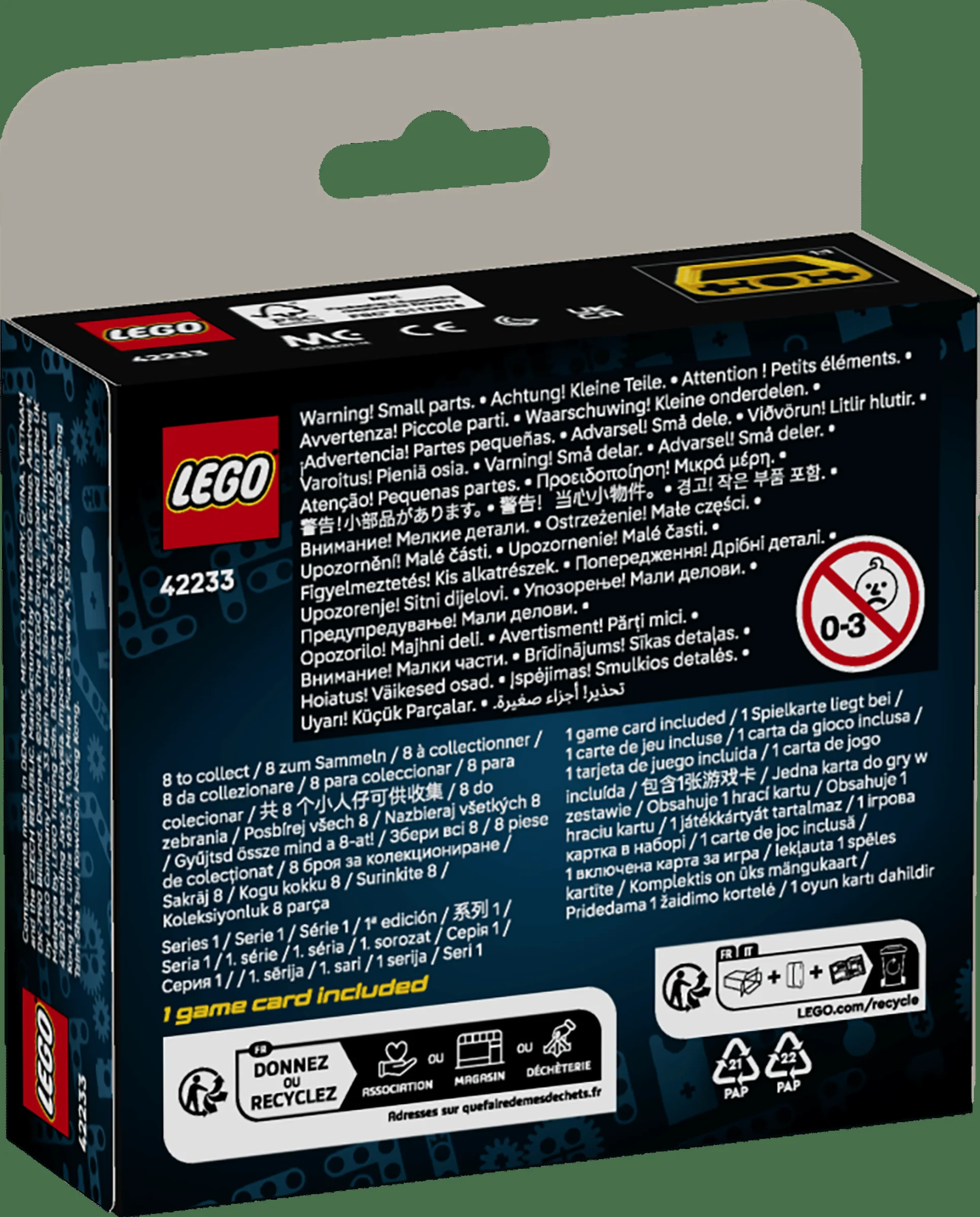 Imagine cu ambalajul LEGO setului 42233, avertismente și informații despre reciclare.