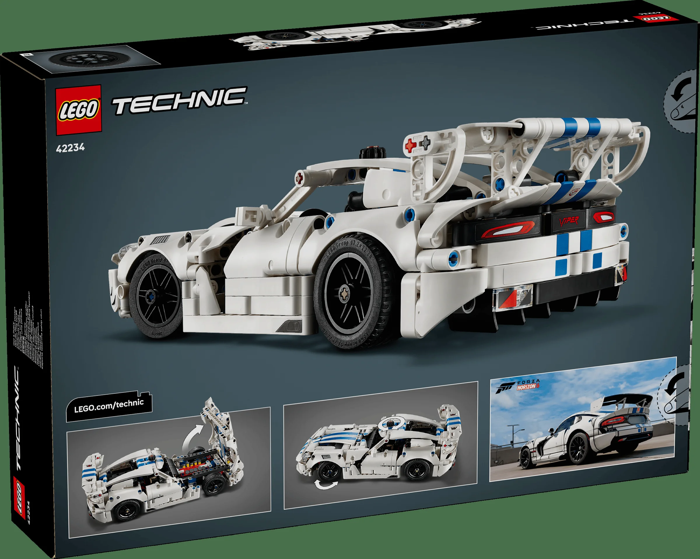 Imagine cu cutia setului LEGO Technic 42234 Dodge Viper GTS-R. Modele prezentate pe cutie.