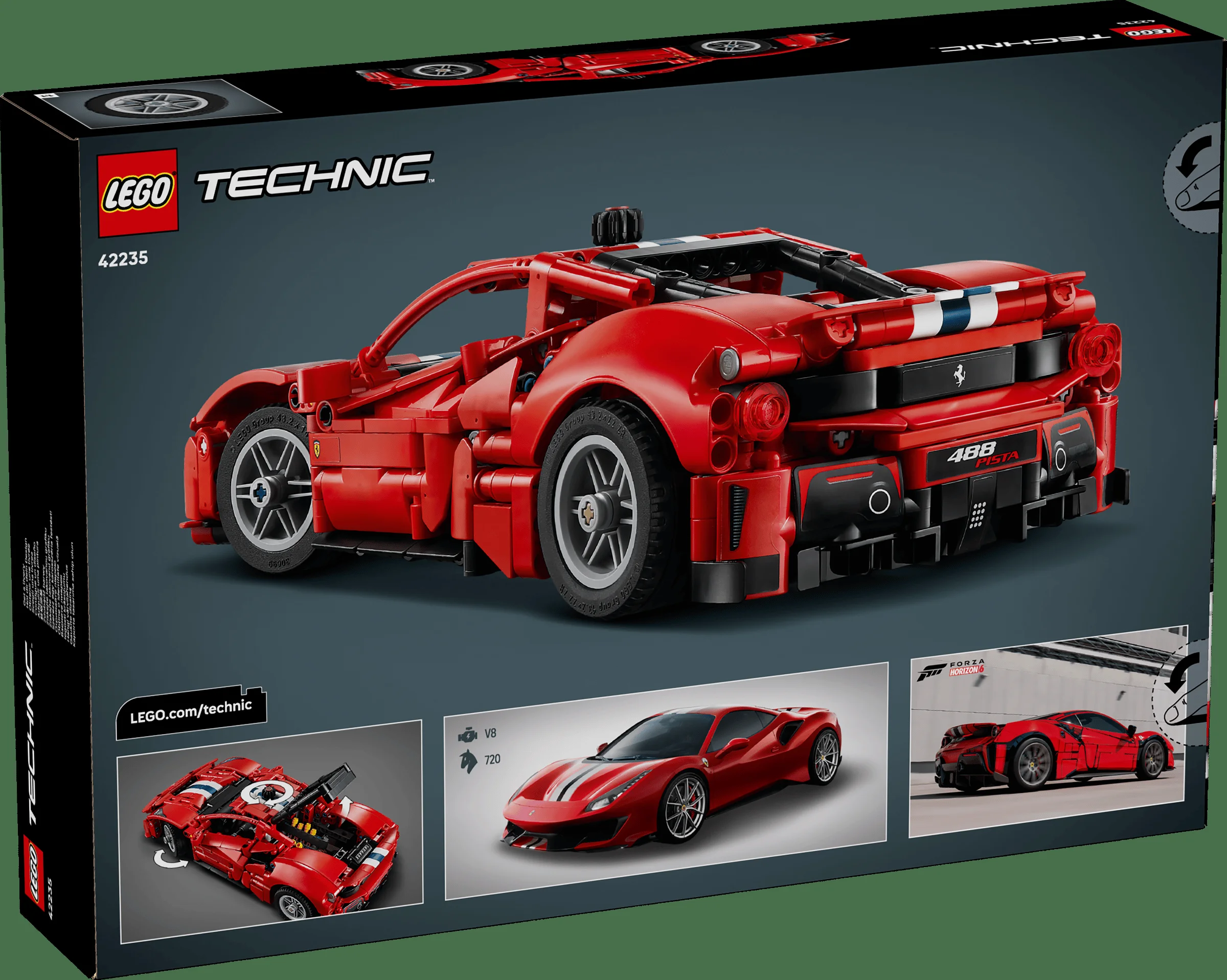 Cutia LEGO Technic 42235 Ferrari 488 Pista, arătând modelul finalizat și câteva detalii.